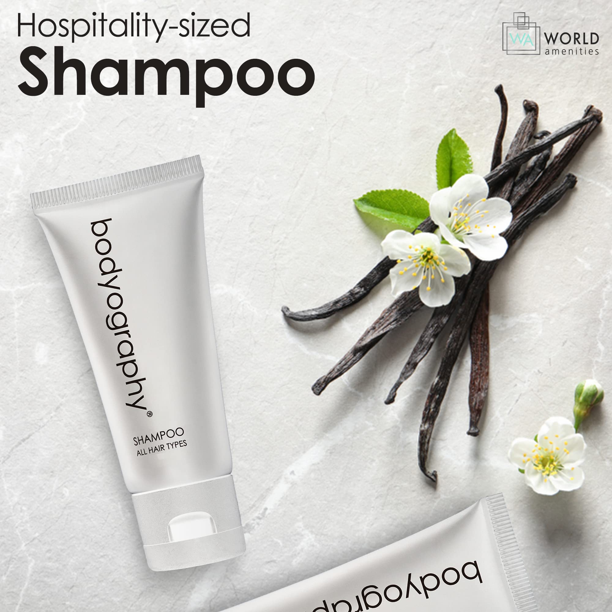 Bodyography Blanc Bulk Shampoo - 50 Count Travel Size (1.4oz Each) | Vanilla White Tea Scent | Eco-Friendly Recyclable Flip-Top Tubes | Perfect for Hotels, Gyms, Travel & Sample Kits