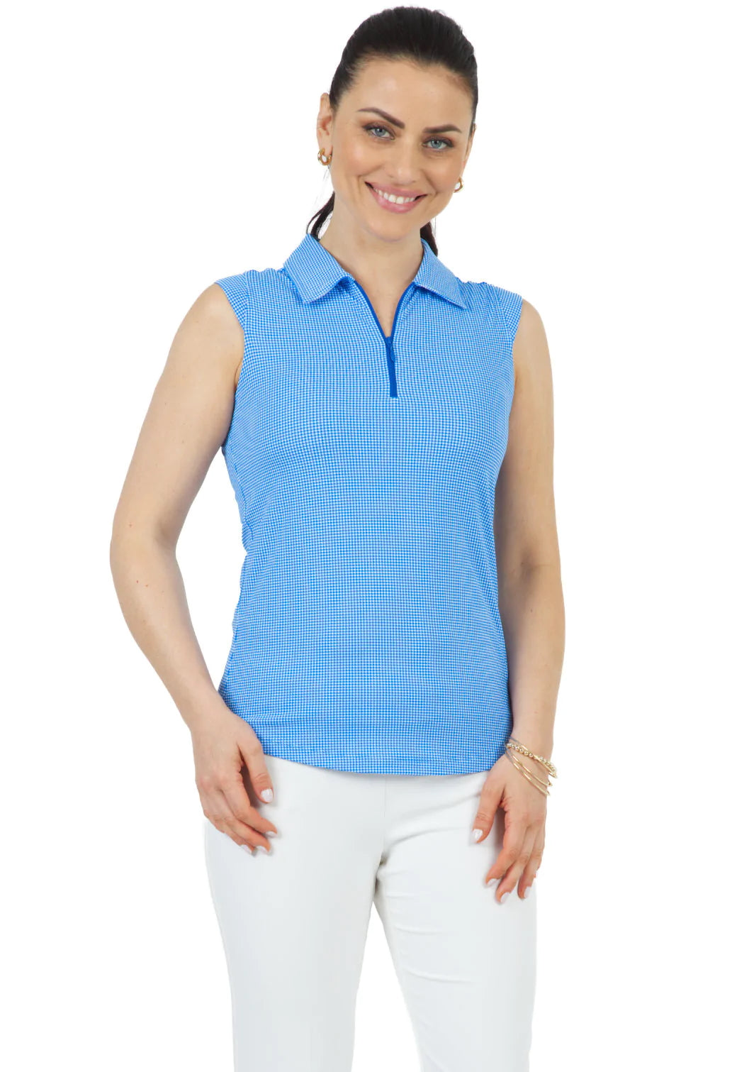 IBKUL Women's Mini Check Sleeveless Polo Shirt - Stylish Summer Casual Top for Golf, Tennis & Outdoor Activities