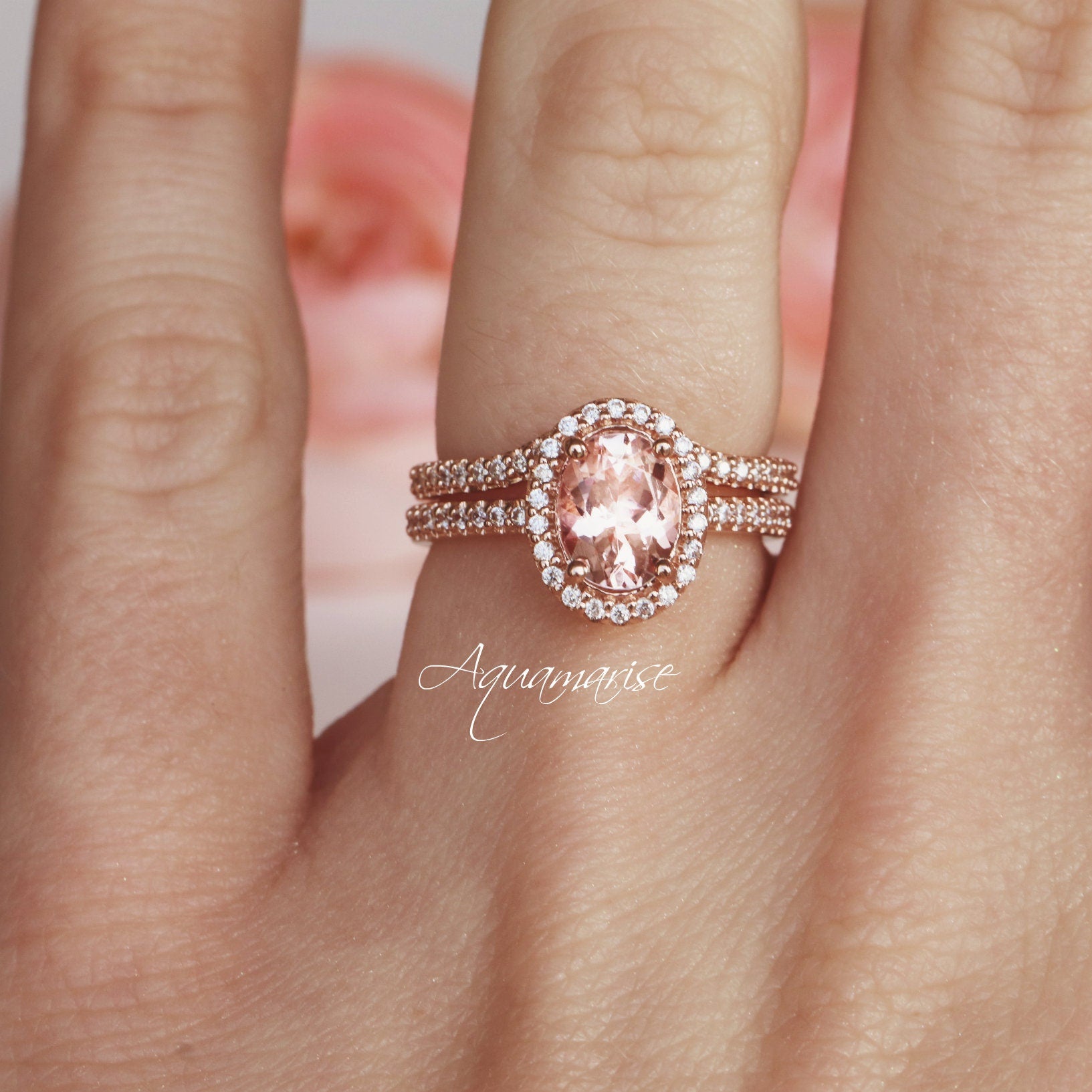 Exquisite 14K Solid Rose Gold Iris Oval Halo Morganite Engagement Ring for Women | Elegant Wedding, Proposal & Anniversary Jewelry Gift