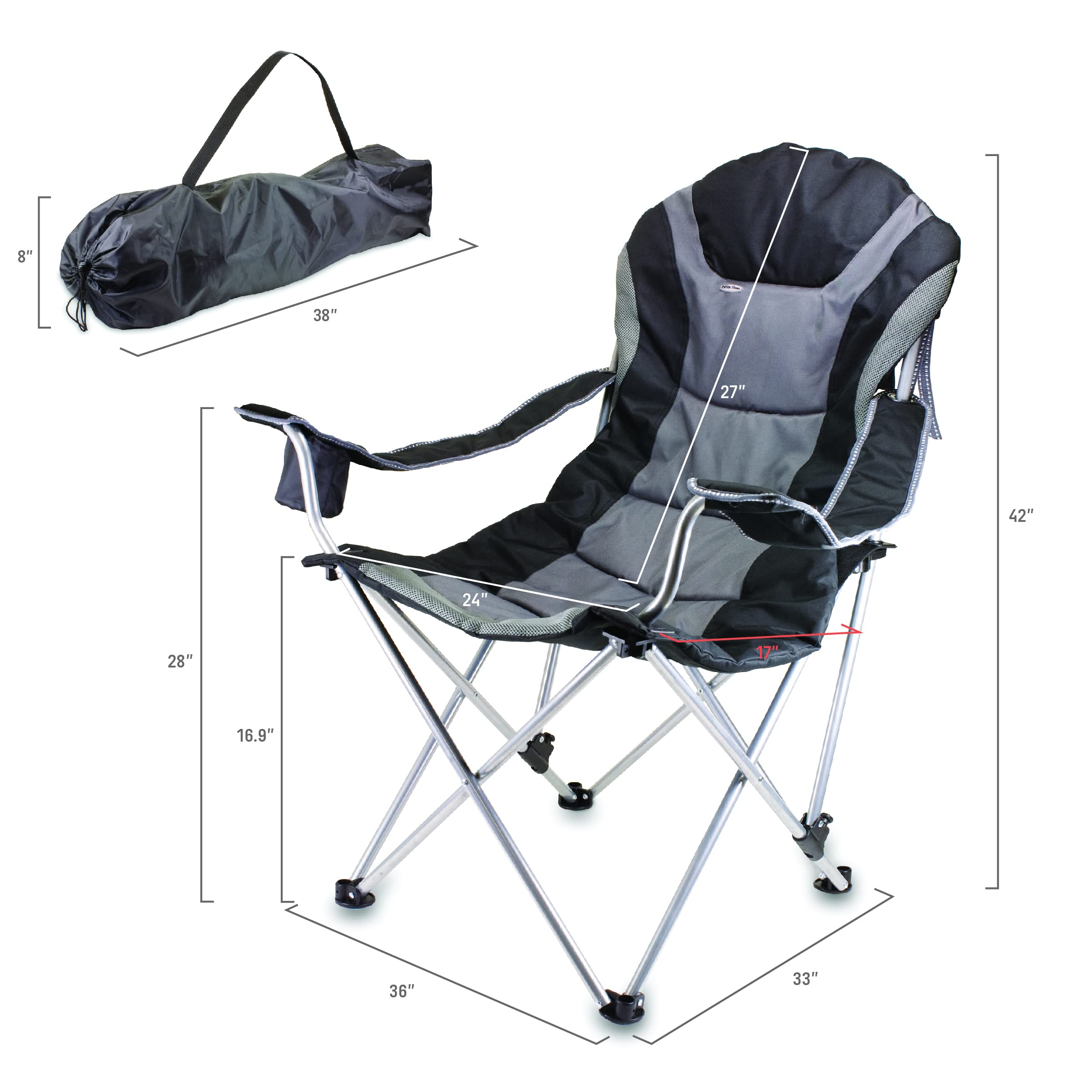 PICNIC TIME NHL Carolina Hurricanes Reclining Camp Chair - Portable Folding Beach Chair for Adults with Carry Bag, Perfect for Outdoor Sports Games, Camping & Backyard Relaxation (Black with Gray Accents)