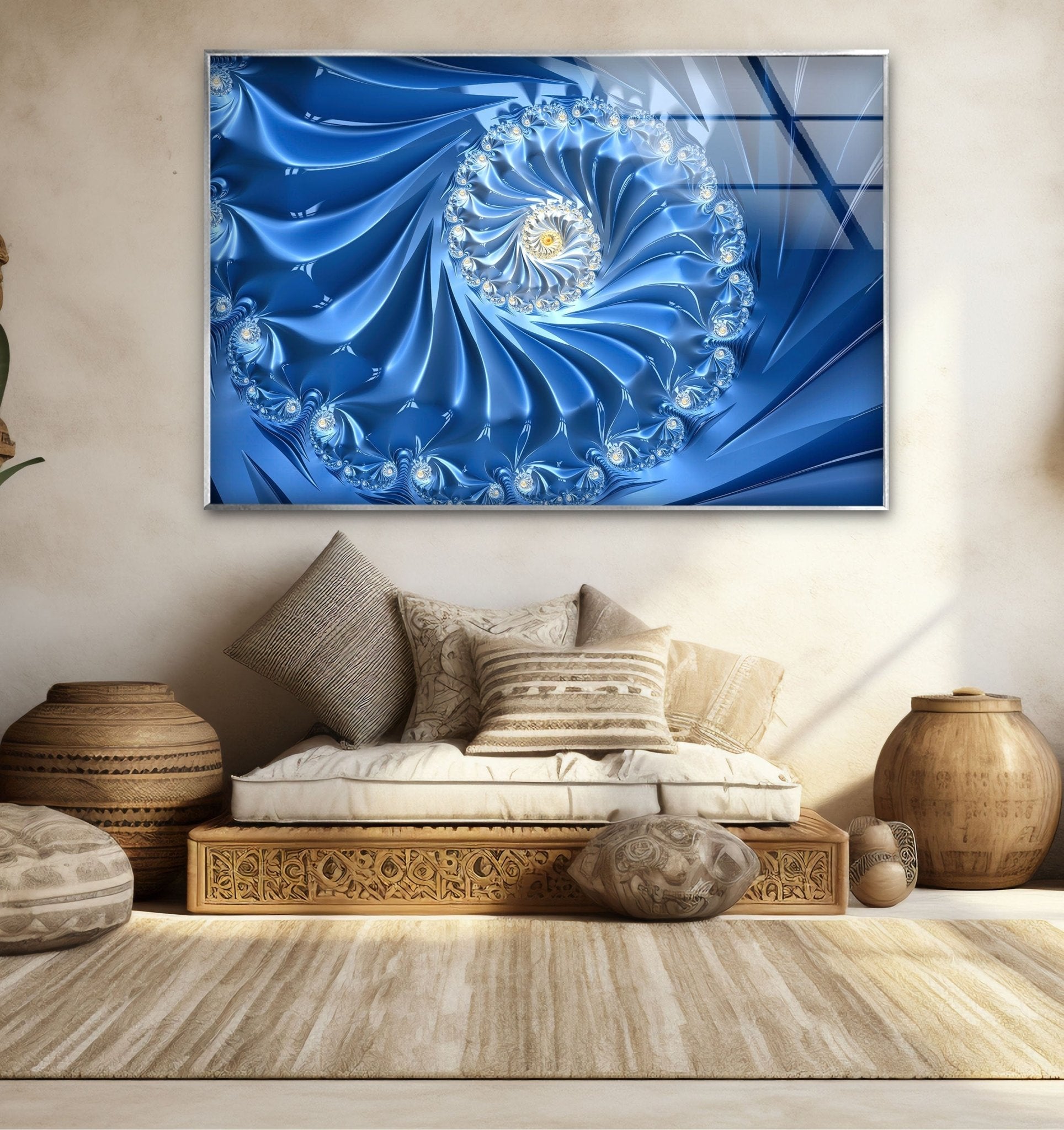 Abstract Blue Fractal Glass Wall Art - Handmade Modern Home Decor for Living Room, Bedroom & Office - Unique Swirl Design for Contemporary Interior Design