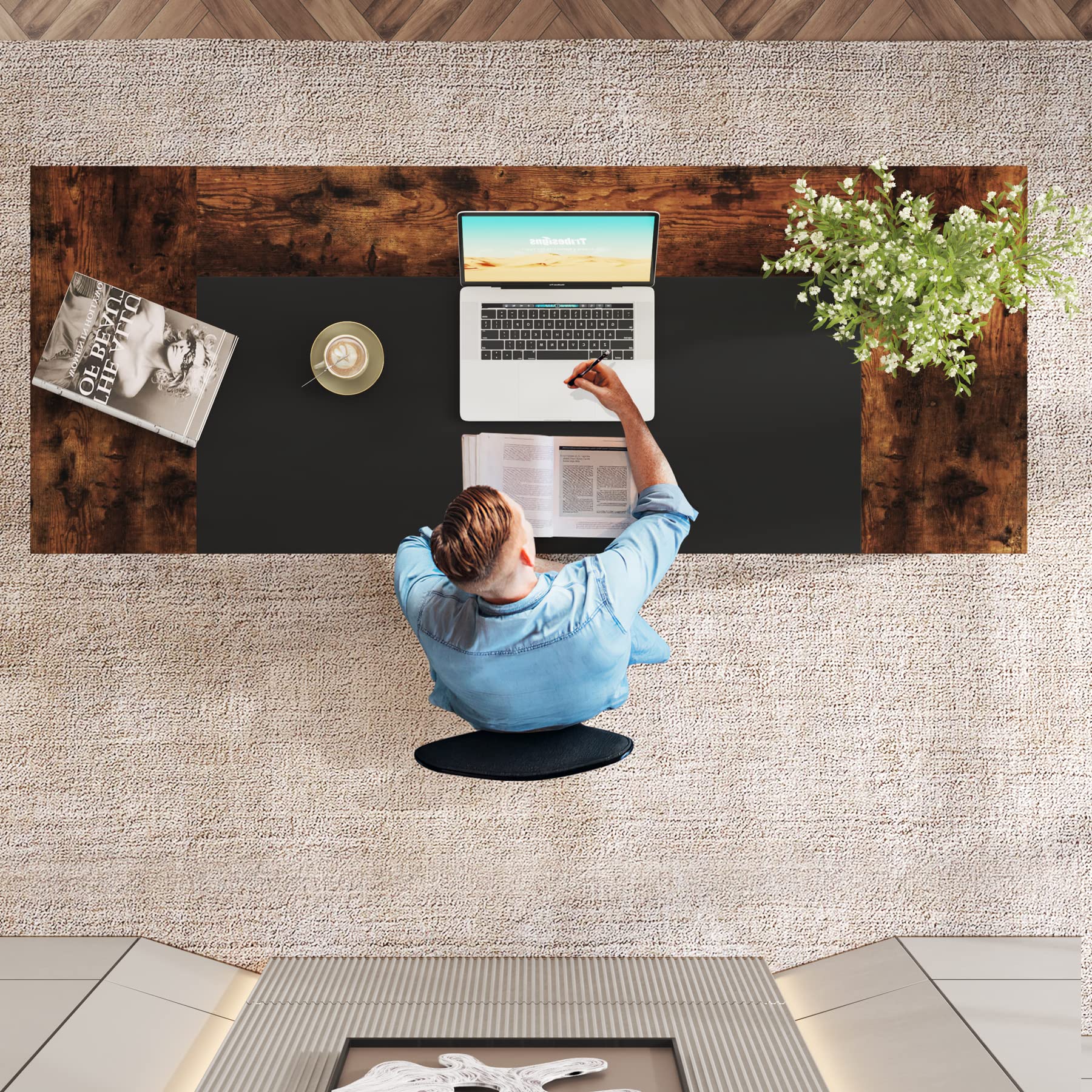 Tribesigns 63 Inch Modern Computer Desk with Storage Shelf - Sturdy Wooden Office Desk with Metal Frame for Home Office, Study, Bedroom | Large Writing Table & Business Workstation (Black Brown) - Perfect for Remote Work, Gaming, and Small Spaces