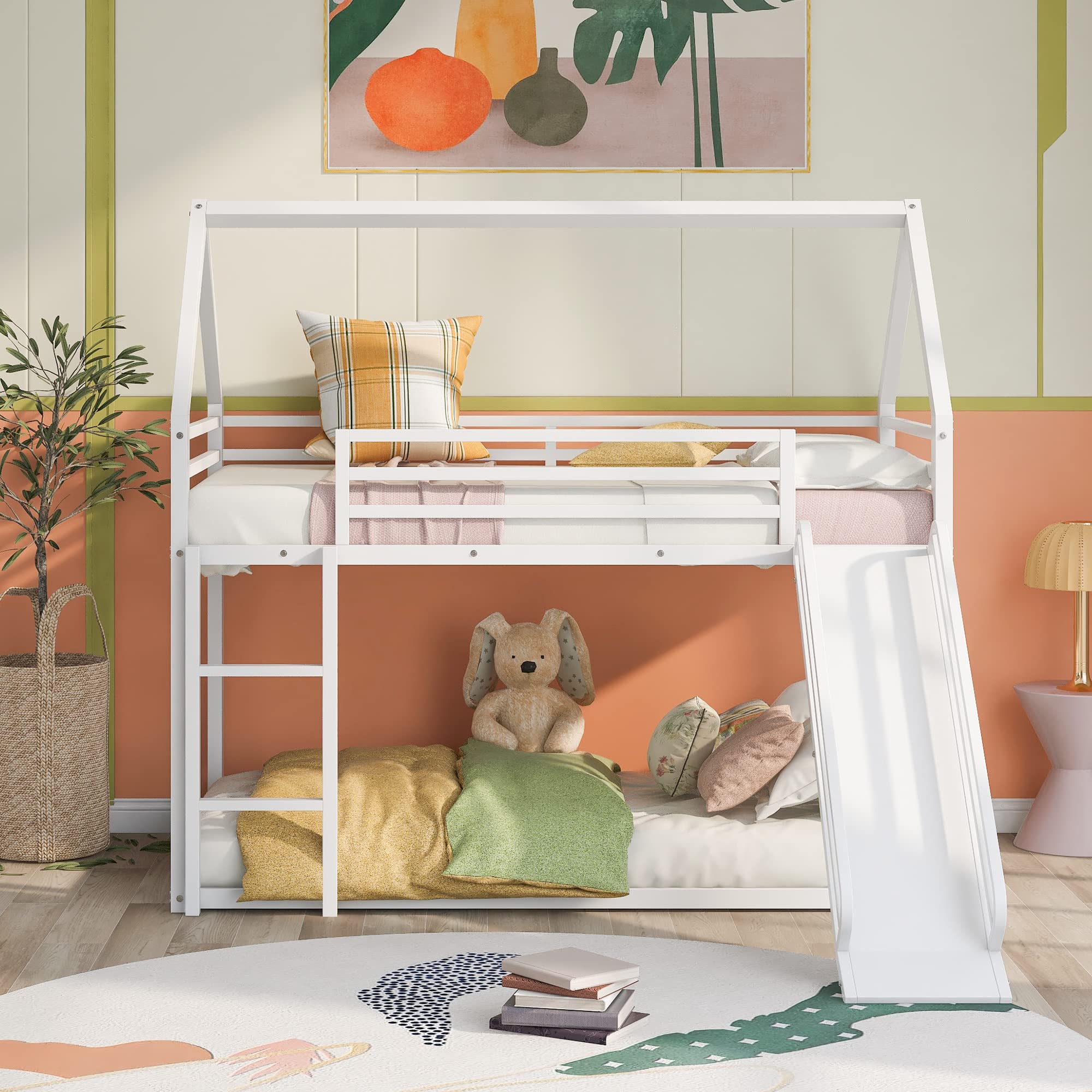 Kids Metal Bunk Beds with Slide - Twin Over Twin Low Loft House Bed for Boys & Girls - White Space-Saving Bedroom Furniture for Small Rooms & Sleepovers