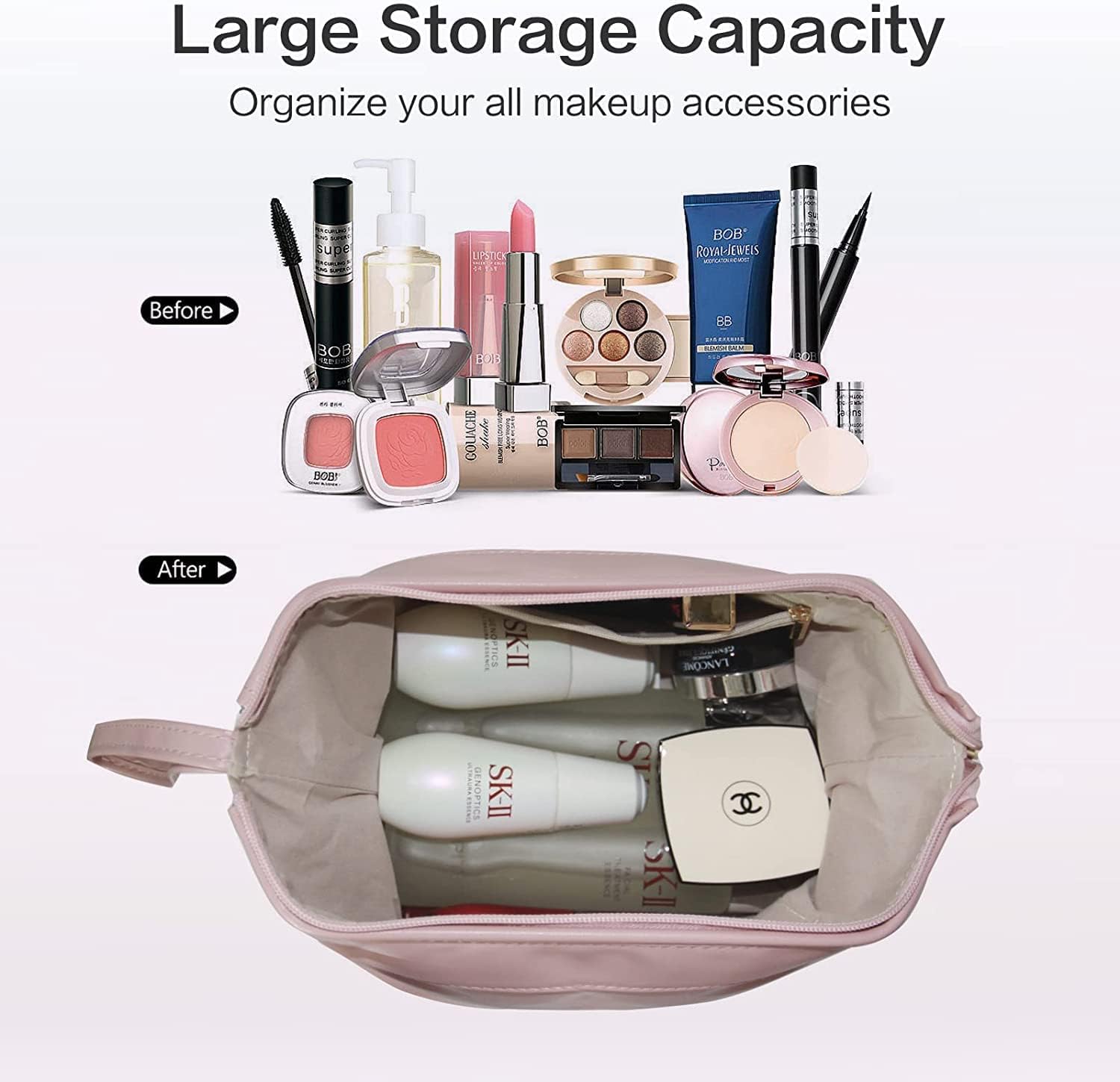 Styxon Travel Makeup Bag for Women - Double Layer Waterproof Leather Cosmetic Organizer with Large Zipper, Portable Toiletry Pouch for Girls (Pink) - Perfect for Travel, Gym, Vacation & Daily Use