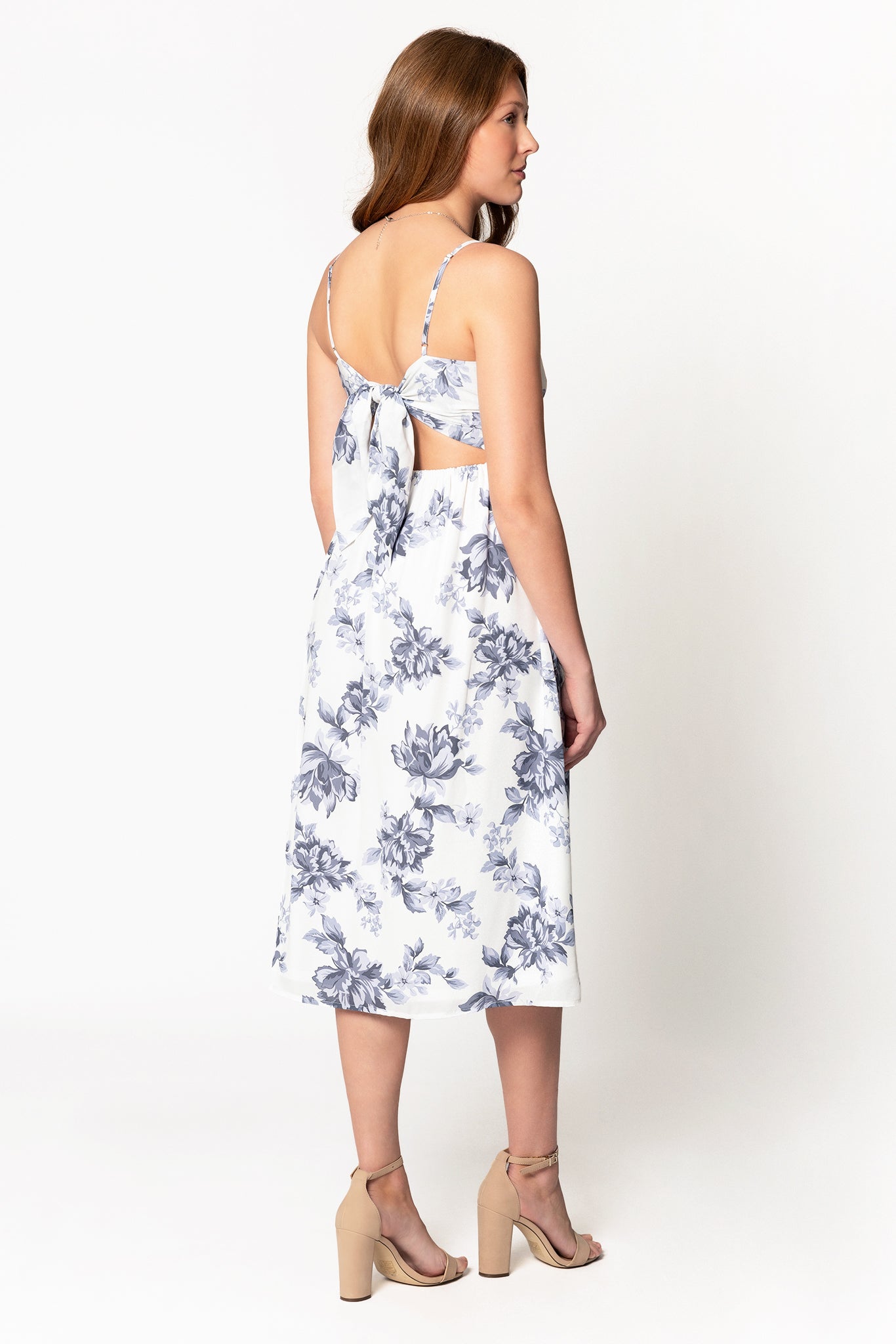 Floral Spaghetti Strap Midi Dress with Tie Back - Summer Boho Chic Dress for Beach Vacation, Date Night & Outdoor Weddings