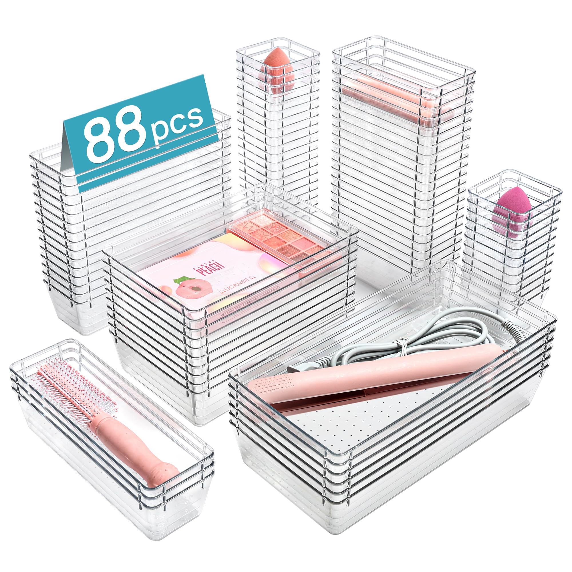 Vtopmart 88-Piece Clear Plastic Drawer Organizer Set - 5-Size Bathroom & Kitchen Storage Bins for Makeup, Vanity, Utensils, Office Supplies - Perfect for Home Organization & Decluttering