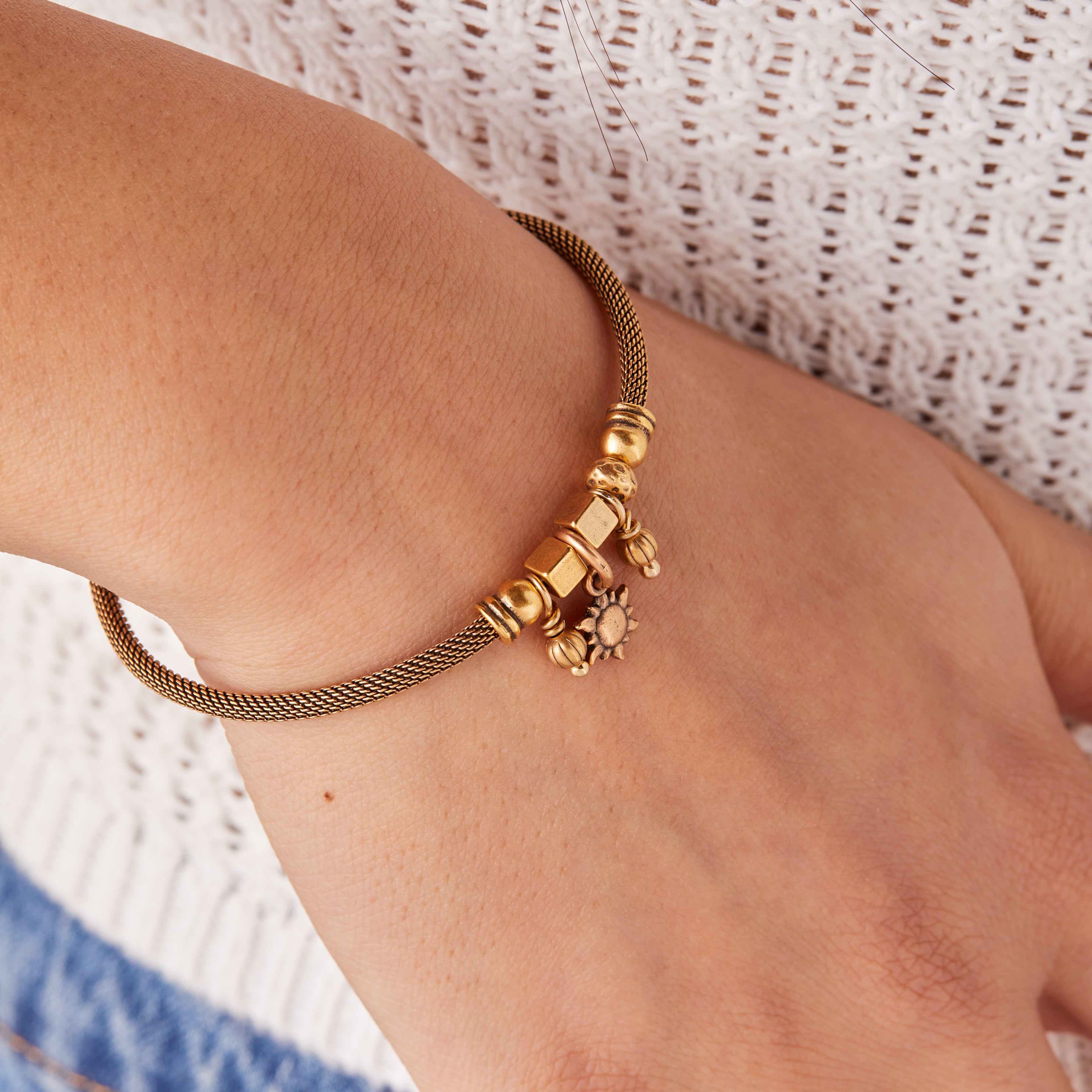 Energy Sun Multi Charm Mesh Cuff Bracelet - Boho Beaded Adjustable Wristband for Women - Perfect for Summer Festivals, Beach Parties & Boho Fashion Accessories