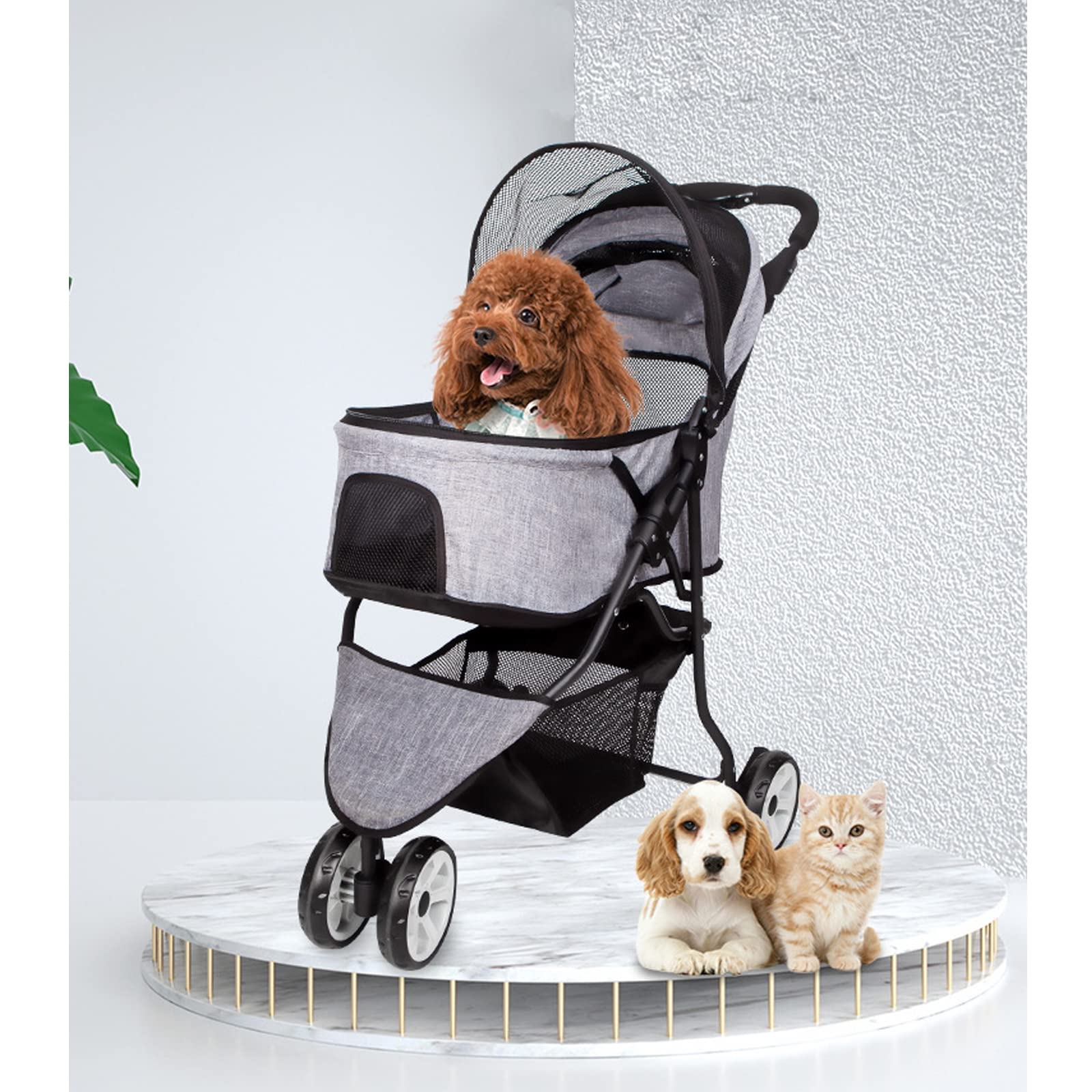 3 Wheel Foldable Pet Stroller for Cats & Dogs - Large/Medium Size with Storage Basket & Cup Holder | Perfect for Outdoor Walks, Vet Visits & Shopping Trips