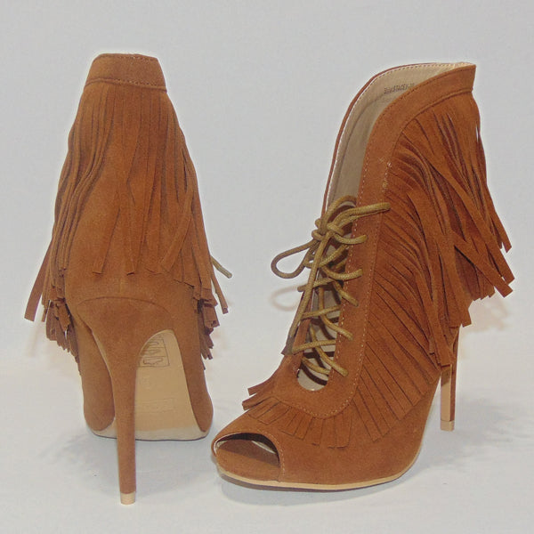 Yoki Camel Faux Suede Lace Up Fringe Peep Toe Booties - Women's Stylish Ankle Boots for Fall & Winter Fashion | Perfect for Parties, Dates & Casual Outfits
