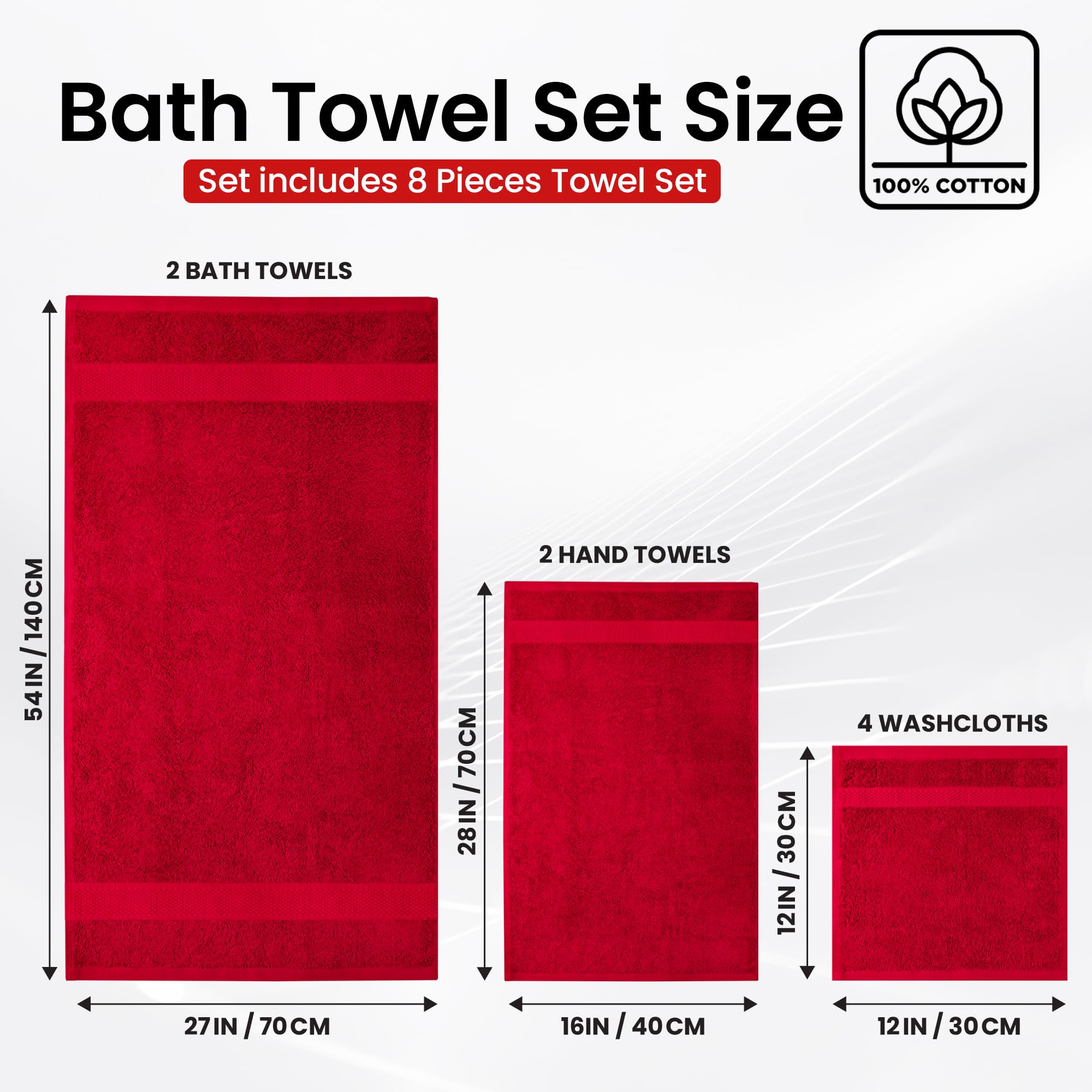 Luxury 100% Cotton Bath Towel Set - 8 Piece (2 Bath Towels, 2 Hand Towels, 4 Washcloths) - Super Soft & Highly Absorbent - Intimate Red - Perfect for Bathroom, Spa, and Guest Use