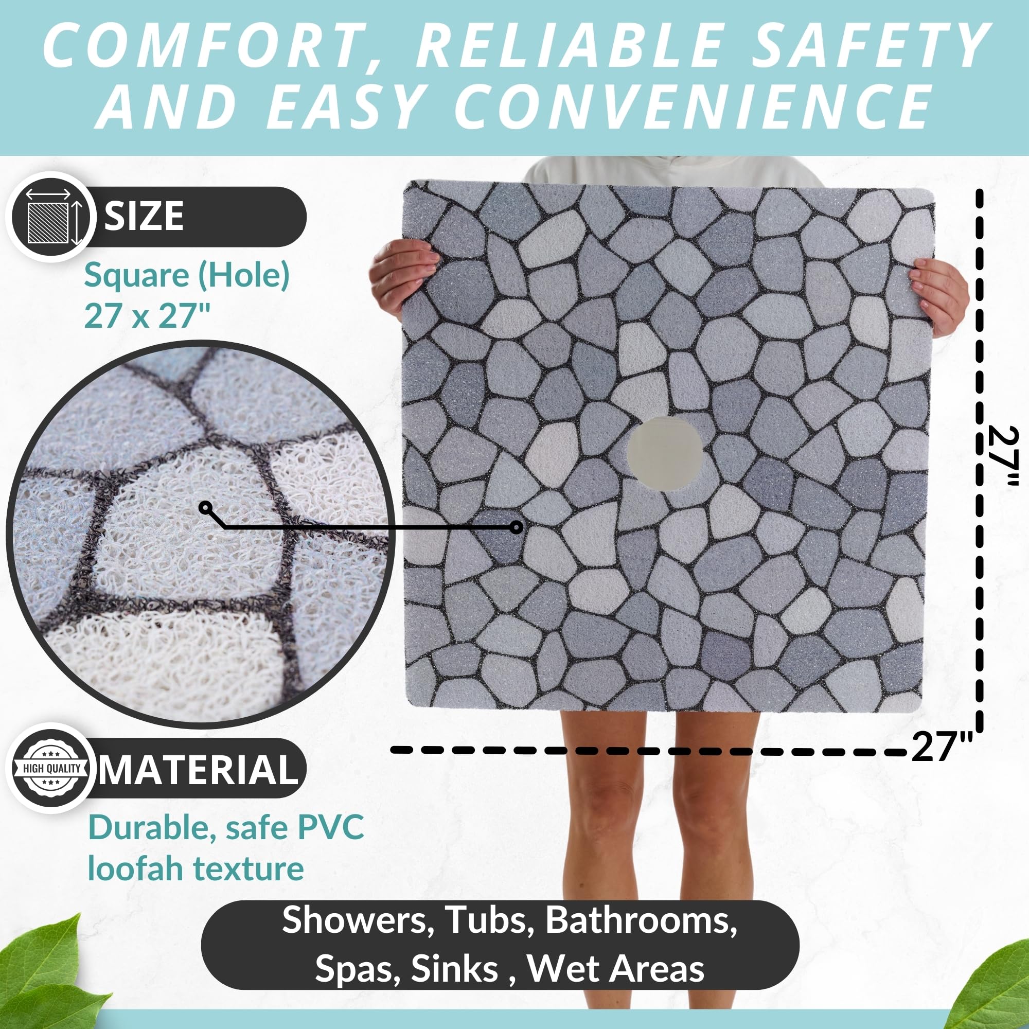 Non-Slip Pebble Blue Shower Mat with Center Drain Hole - 27x27 Inch Square Bath Mat for Shower Stall - Secure Loofah Texture Anti-Slip Floor Mat - Perfect for Bathroom Safety and Comfort - Ideal for Elderly, Kids & Wet Areas