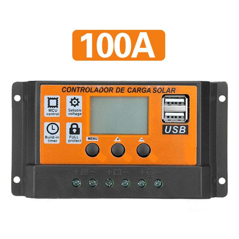 100A PWM Solar Charge Controller with LCD Display - 12V/24V Dual USB Ports for Solar Panel Battery Regulator - Perfect for RV, Marine, Off-Grid & Home Solar Power Systems