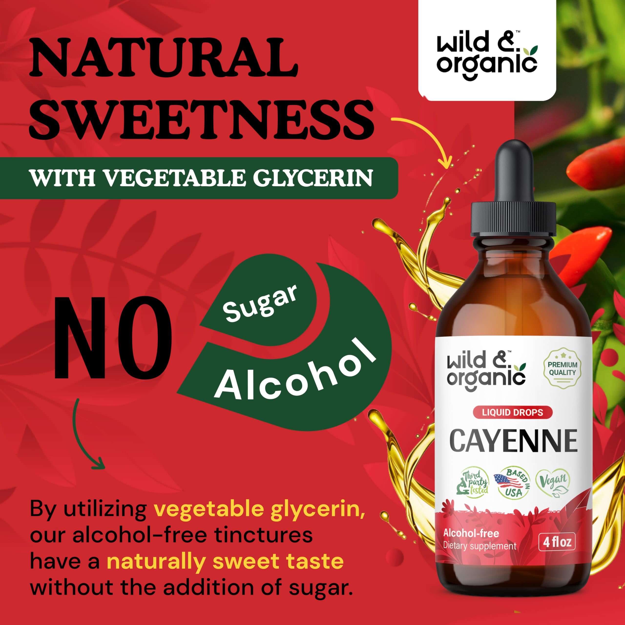 Wild & Organic Cayenne Pepper Tincture - Digestive Support with Capsaicin Extract - Vegan Liquid Drops for Immune & Circulation Boost - Sugar-Free, Alcohol-Free Supplement (4 fl oz) - Perfect for Cooking, Detox & Wellness Routines