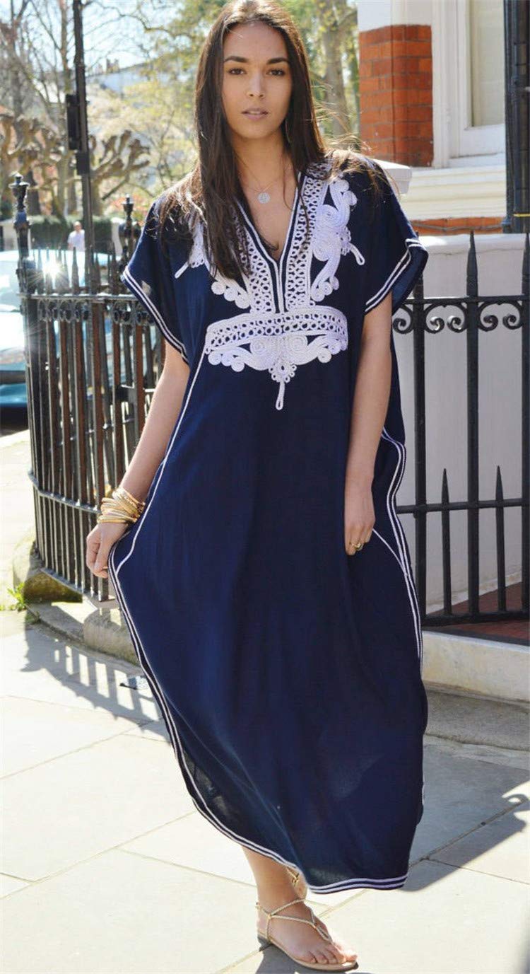 Stylish Women's Long Tunic Kaftan Maxi Dress with Batwing 3/4 Sleeves - Plus Size Summer Beach Cover Up Dress for Vacation, Poolside, and Boho Chic Outfits