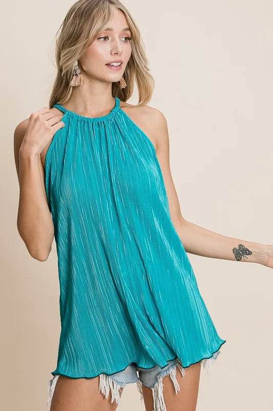 Stylish Bibi Pleating Knit Halter Neck Top in Teal - Women's Fashion Summer Casual Wear for Beach, Party & Date Night Outfits