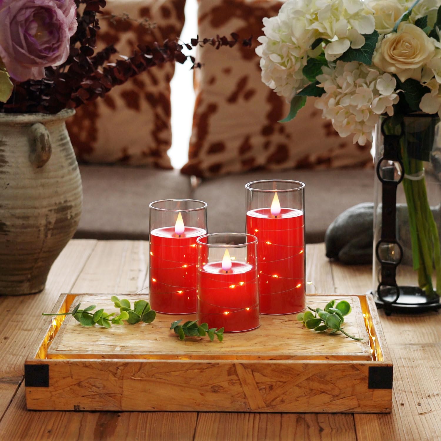 Homemory Flickering Flameless LED Candles with Remote - Set of 3 Battery Operated Candles with Embedded String Lights, Shatterproof Plexiglass Design (Red) - Perfect for Christmas Decor, Wedding Centerpieces & Cozy Home Ambiance