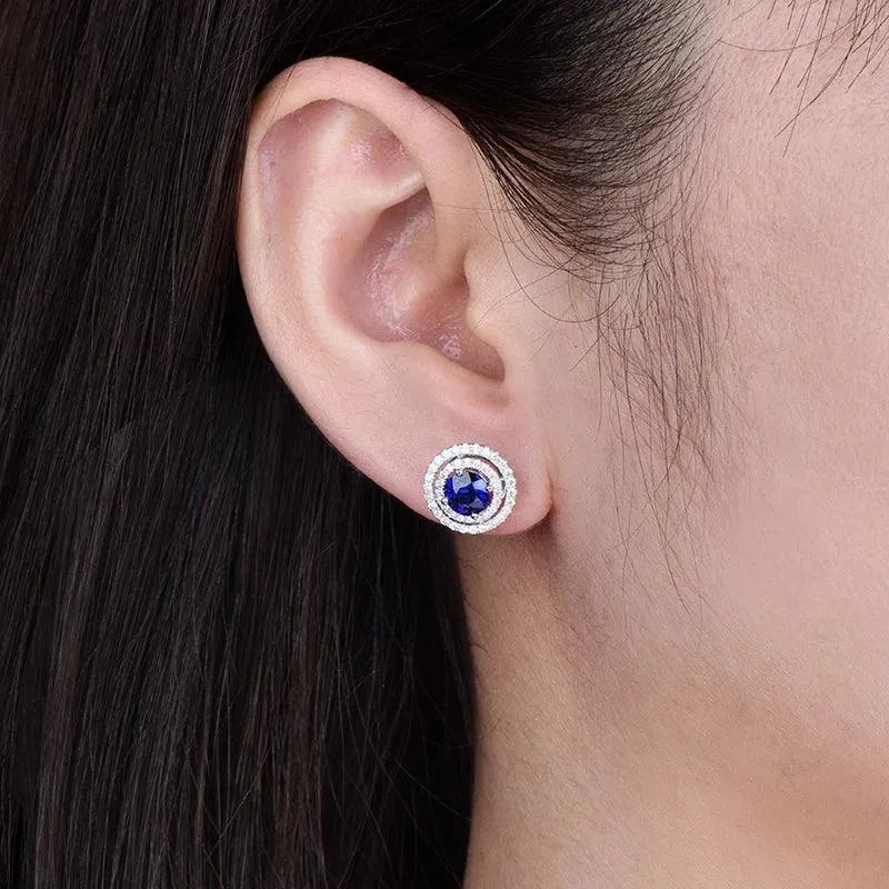 LOVERJEWELRY 18K White Gold Blue Sapphire & Tsavorite Diamond Drop Earrings for Women | Luxury Wedding & Party Jewelry | Elegant Evening Wear & Special Occasion Gift