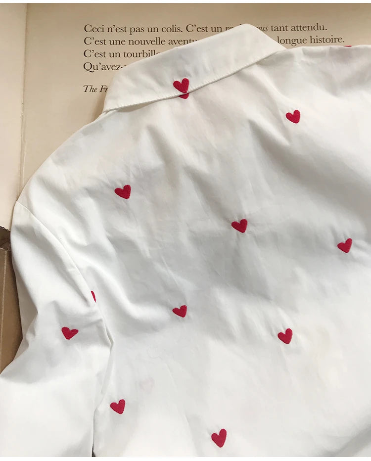 Women's Heart Embroidery Denim Shirt - Turn Down Collar Long Sleeve Blouse for Valentine's Day Gifts | Casual Wear, Date Night Outfit, Romantic Occasion Fashion