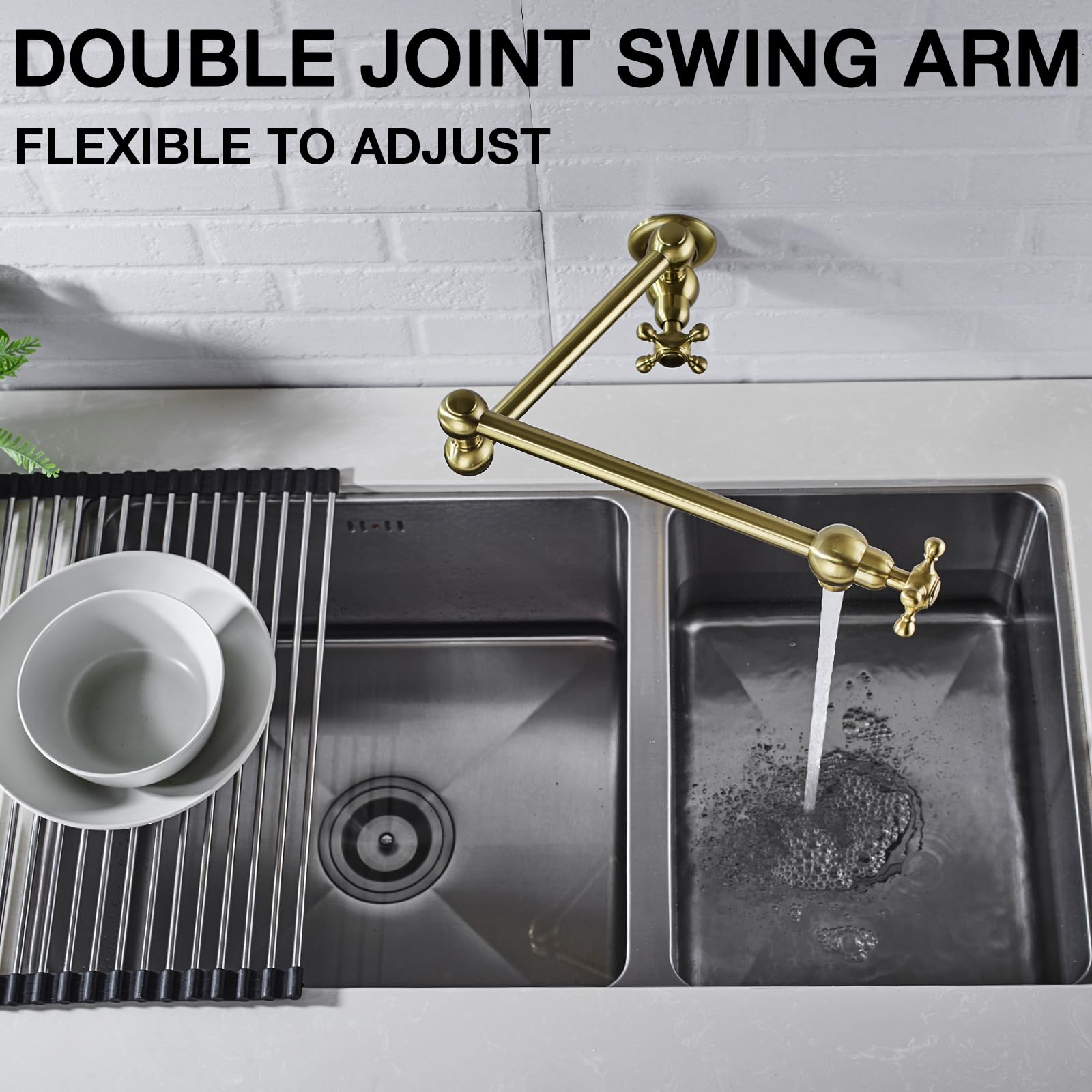 TRUSTMI Brass Wall Mount Pot Filler Faucet - Brushed Gold Kitchen Sink Faucet with Double Joint Swing Arm for Easy Pot Filling | Perfect for Home Kitchen, Restaurant & Commercial Use