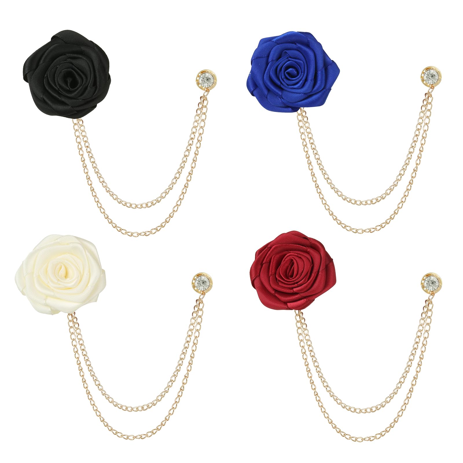 4pcs Handmade Rose Lapel Brooch with Hanging Chain - Vintage Flower Pin Badge for Men's Suit, Blazer & Tuxedo Accessories - Perfect for Weddings, Prom & Formal Events