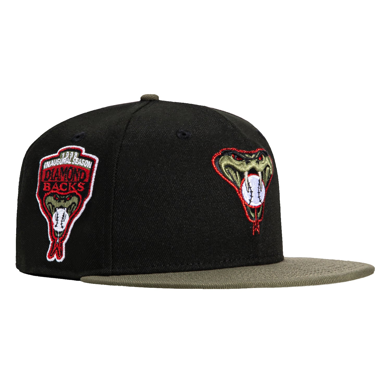 New Era 59Fifty Arizona Diamondbacks Inaugural Patch Snakehead Baseball Cap - Black & Olive - Official MLB Snapback Hat for Men & Women - Perfect for Games, Fan Gear & Streetwear Fashion
