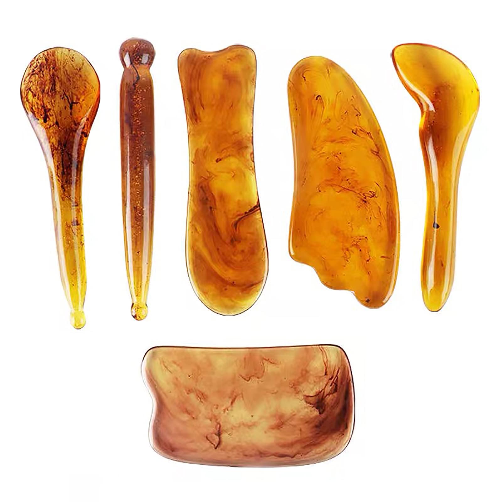 Natural Resin Amber Gua Sha Massage Tool Set - 6 Pcs Facial & Body Scraping Board for Face, Neck & Shoulder Care | Relaxation & Skincare Routine, Spa Day at Home, Self-Care Gift