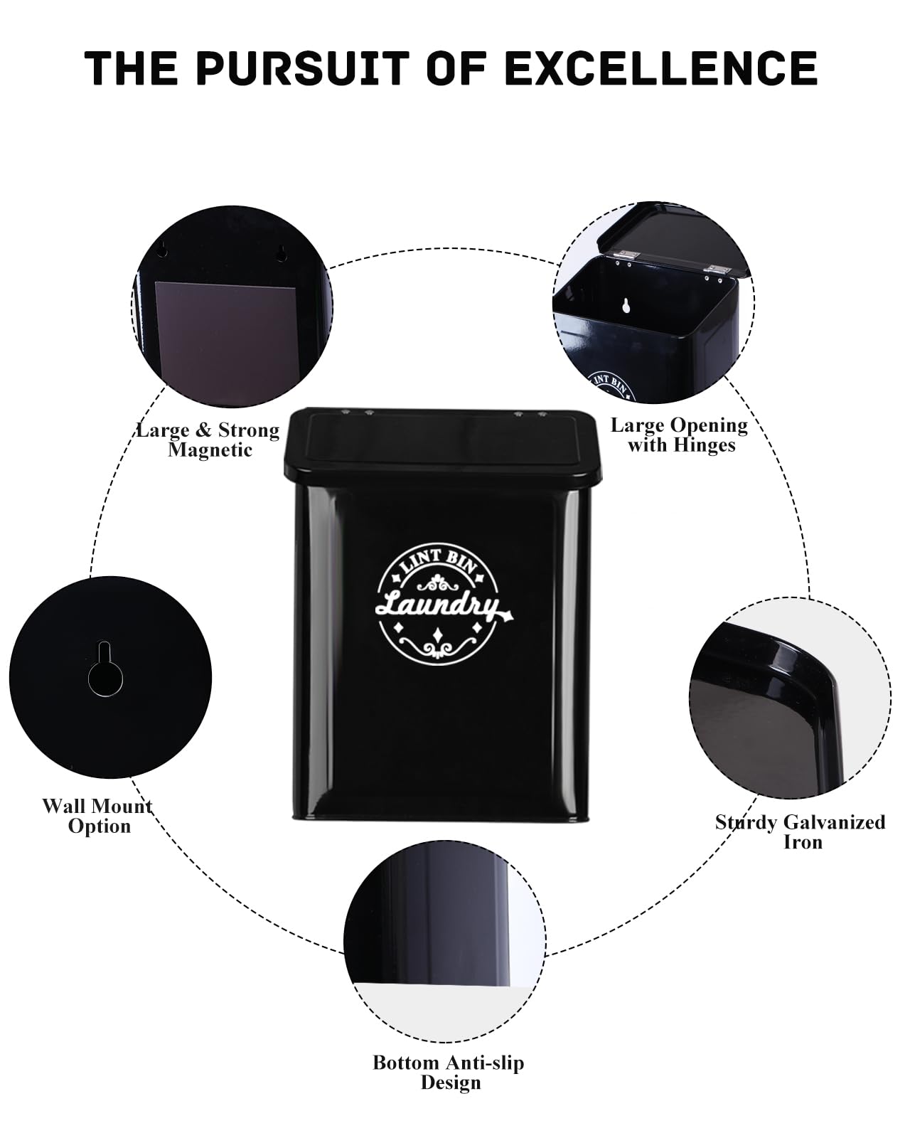 Magnetic Lint Bin with Brush - Wall Mounted Laundry Lint Catcher for Dryer, Space Saving Laundry Room Organizer & Storage - Perfect for Laundry Room Decor & Clothes Dryer Maintenance (Black)