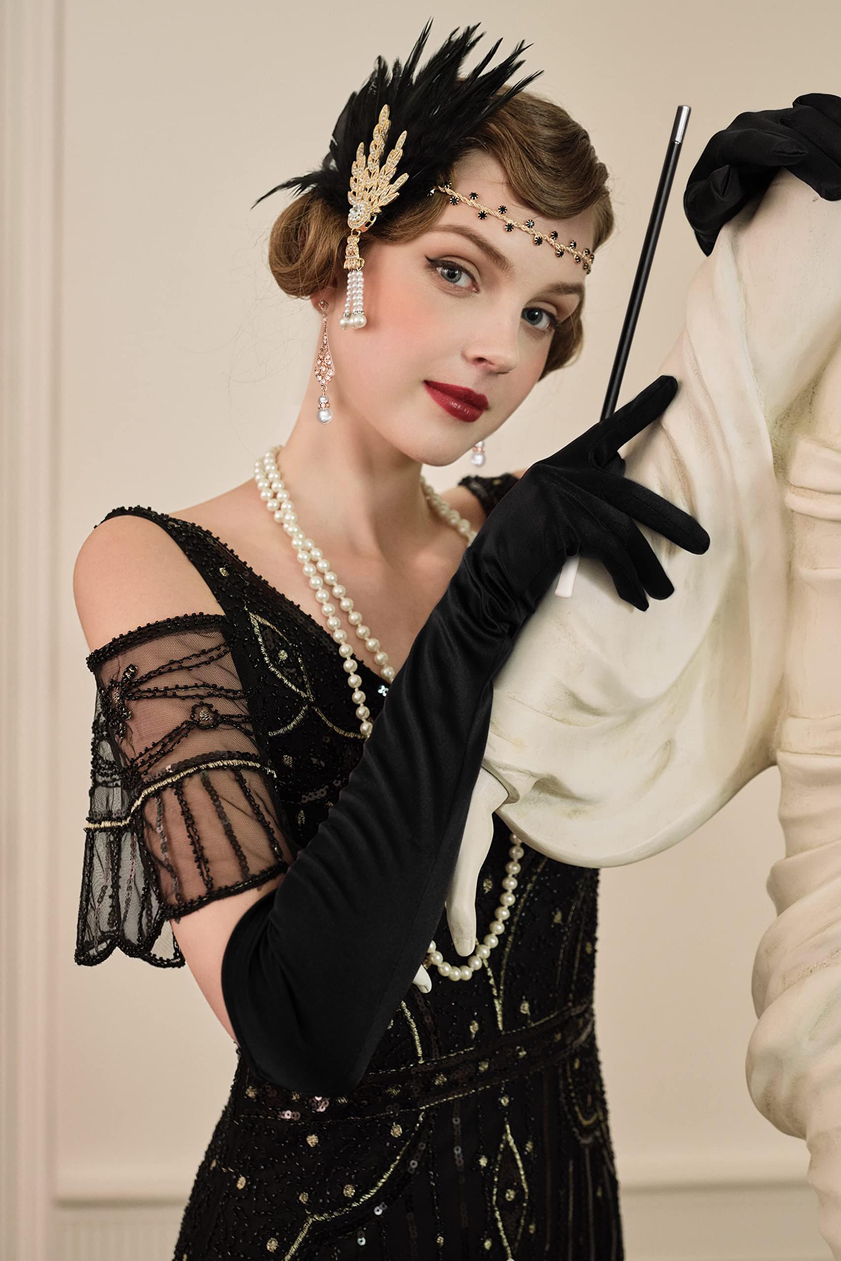 1920s Flapper Headband & Pearl Necklace Set - Great Gatsby Inspired Women's Vintage Accessories for Costume Parties & Themed Events