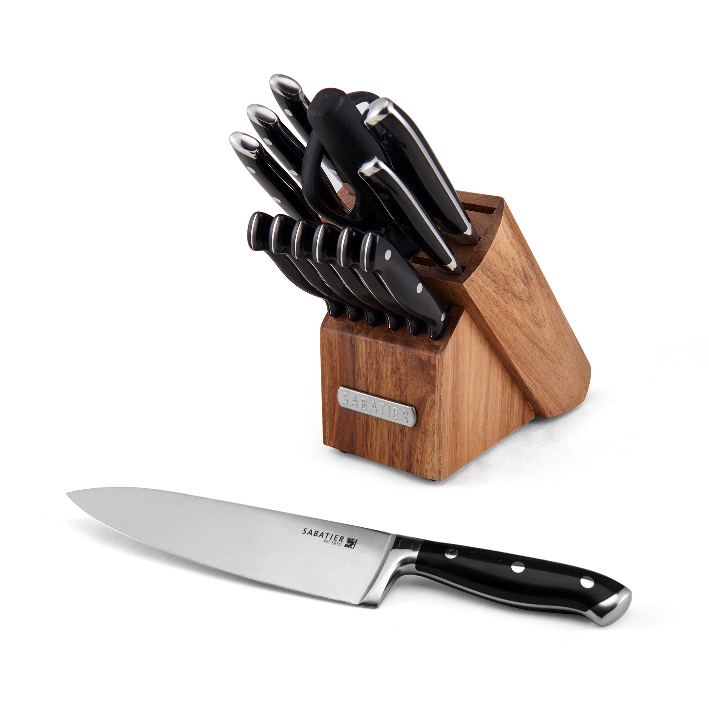 Sabatier 15-Piece Forged Knife Block Set - High-Carbon Stainless Steel Kitchen Knives with Triple Rivet Black Handles & Acacia Wood Block - Razor Sharp for Professional Chefs & Home Cooking