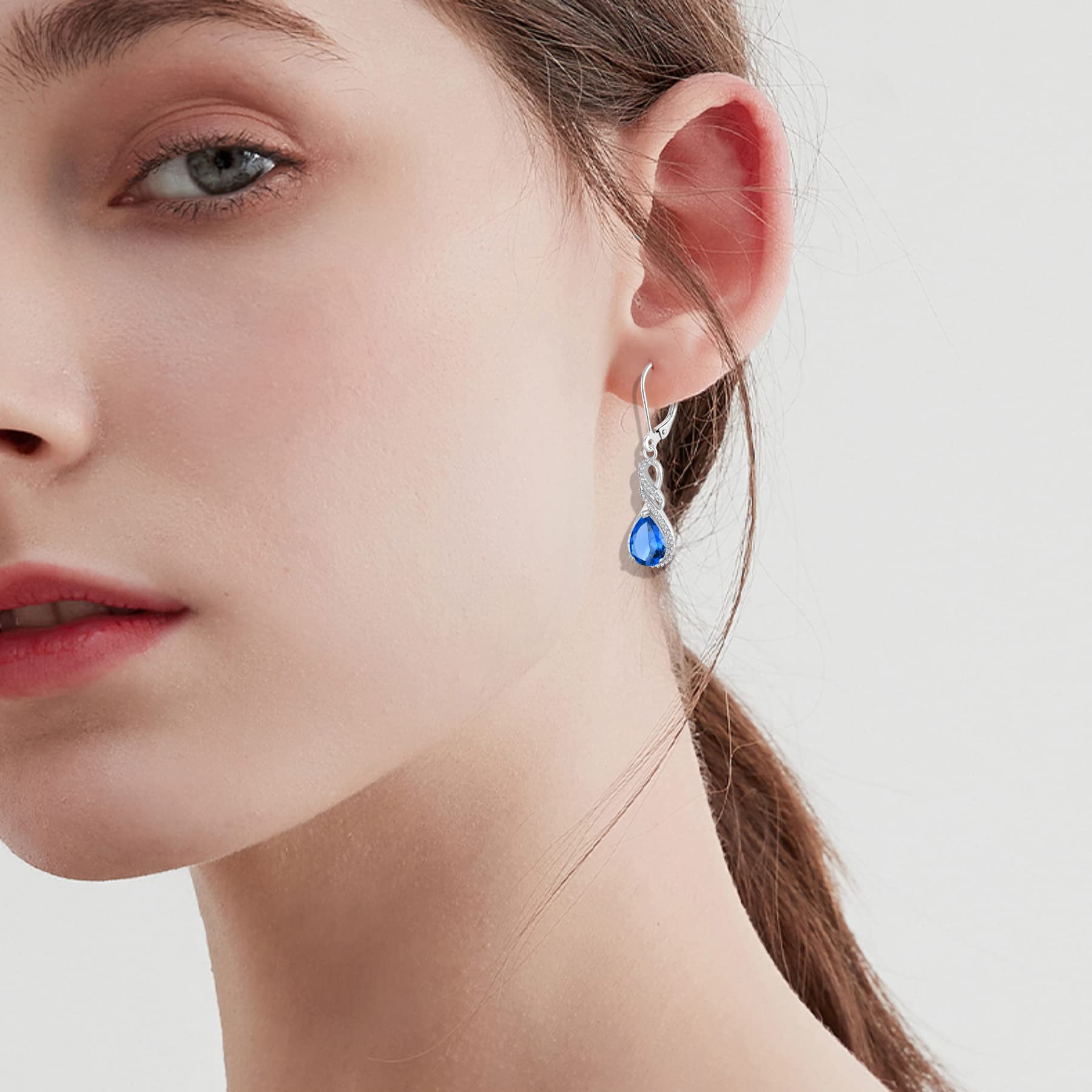 CZ Teardrop Earrings for Women - 925 Sterling Silver Infinity Leverback Earrings with Birthstone, 7x9mm Dangle Drop Jewelry - Perfect Birthday Gift for Wife, Her, Women | Elegant for Parties, Weddings, Date Nights
