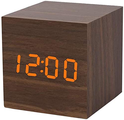 KORADA Digital Alarm Clock with LED Display - Wooden Modern Cube Desk Clock Shows Time, Date & Temperature - Perfect for Kids, Bedroom, Home, Dorm, Travel & Office Use (Black)