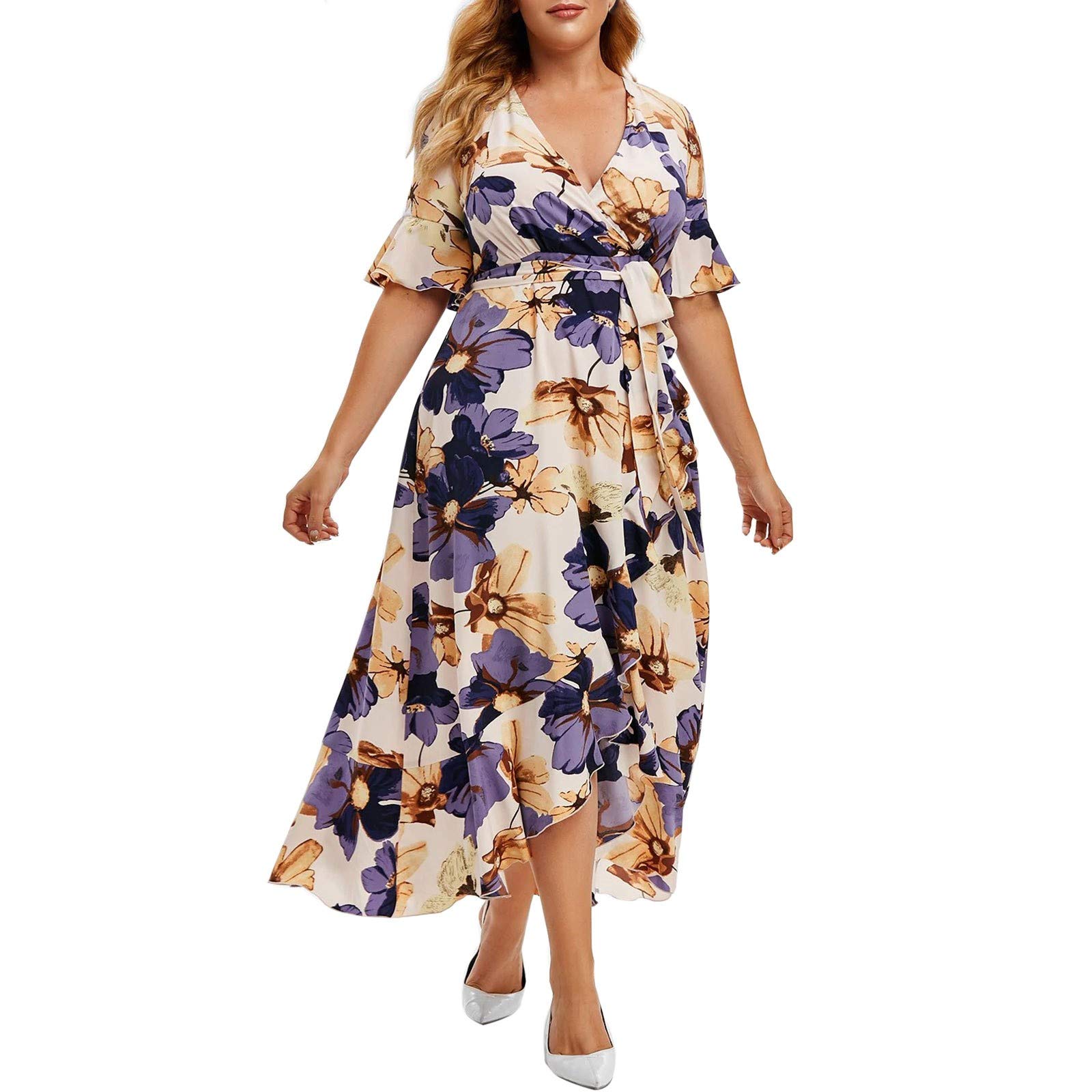 Boho Floral Print Ruffle Short Dress with Irregular Sleeves - Women's Casual Plus Size Black Dress for Summer, Beach, Party & Special Occasions