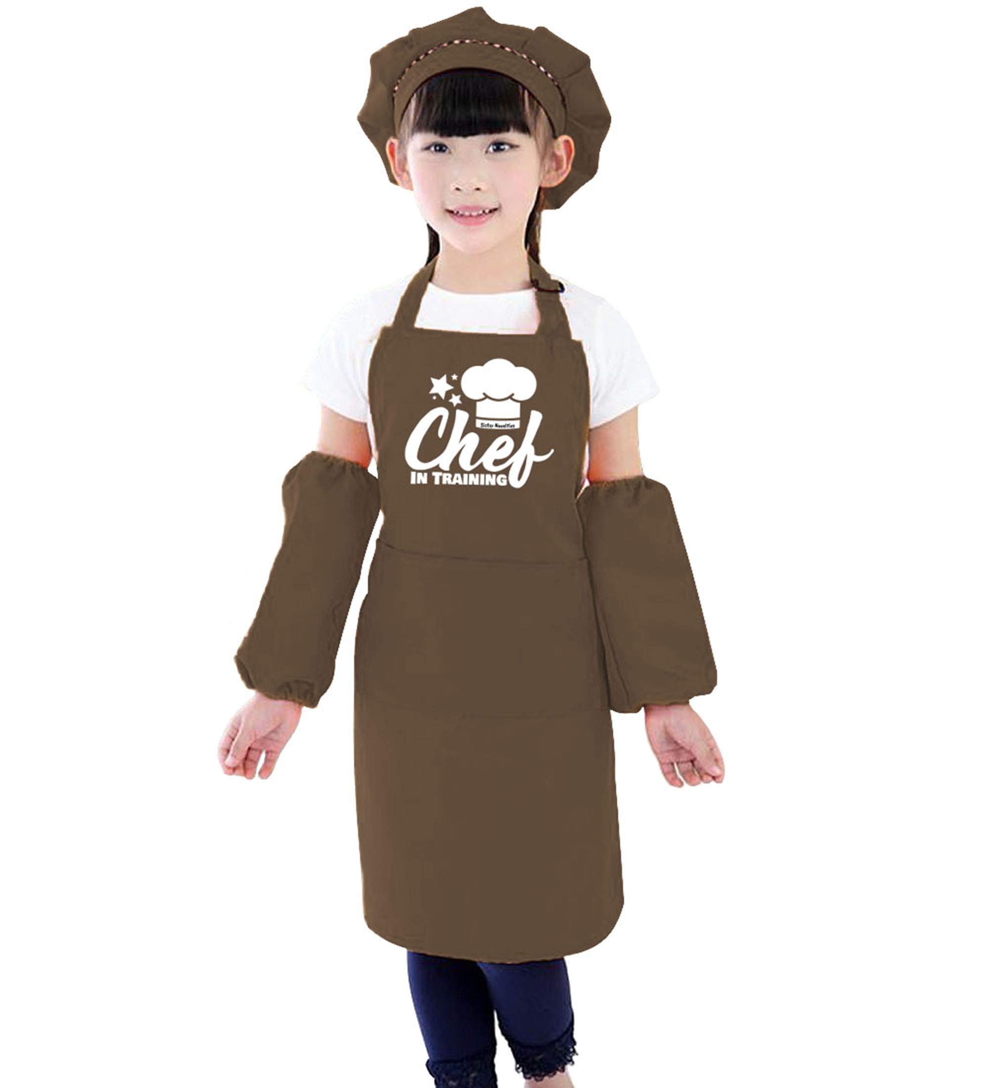 Personalized Kids Apron Set for Cooking and Baking - 4 Piece Chef Apron, Hat & Protective Sleeves for Children - Custom Name Embroidery - Coffee Brown - Perfect for Junior Chefs, Birthday Gifts & Kitchen Playtime