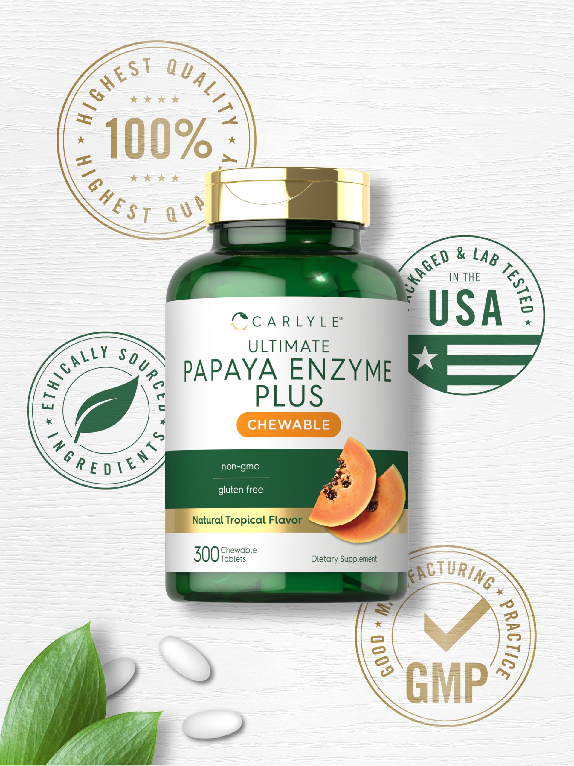 Carlyle Papaya Enzyme Chewable Tablets 60 Count | Vegetarian, Non-GMO, Gluten Free Digestive Support | Tropical Fruit Flavor for Heartburn Relief & Bloating - Perfect for After Meals & Travel