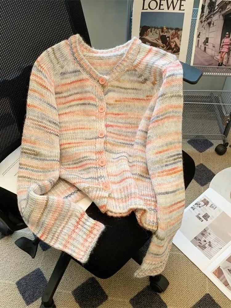 2024 Women's Beige Striped Gradient Long Sleeve Knit Pullover Sweater - O-Neck Single Breasted Winter Tops for Casual Outfits & Office Wear | Warm Thick Fall Fashion