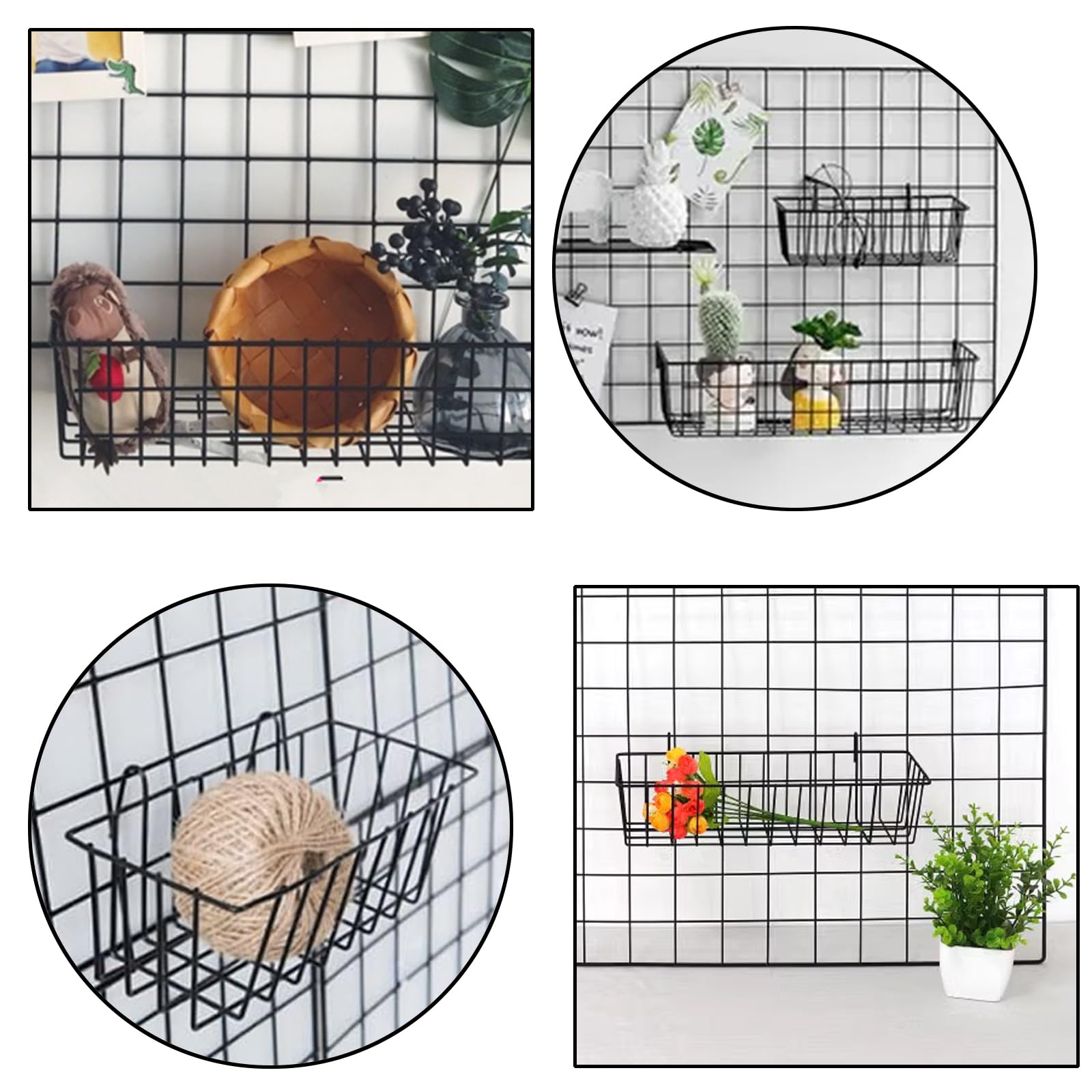 10 PCS Black Wall Grid Panel Hanging Wire Baskets - No Drilling Wall Mount Storage Organizer for Kitchen, Bathroom, Bedroom & Office Decor - Perfect for Spice Jars, Toiletries, Office Supplies & Home Organization