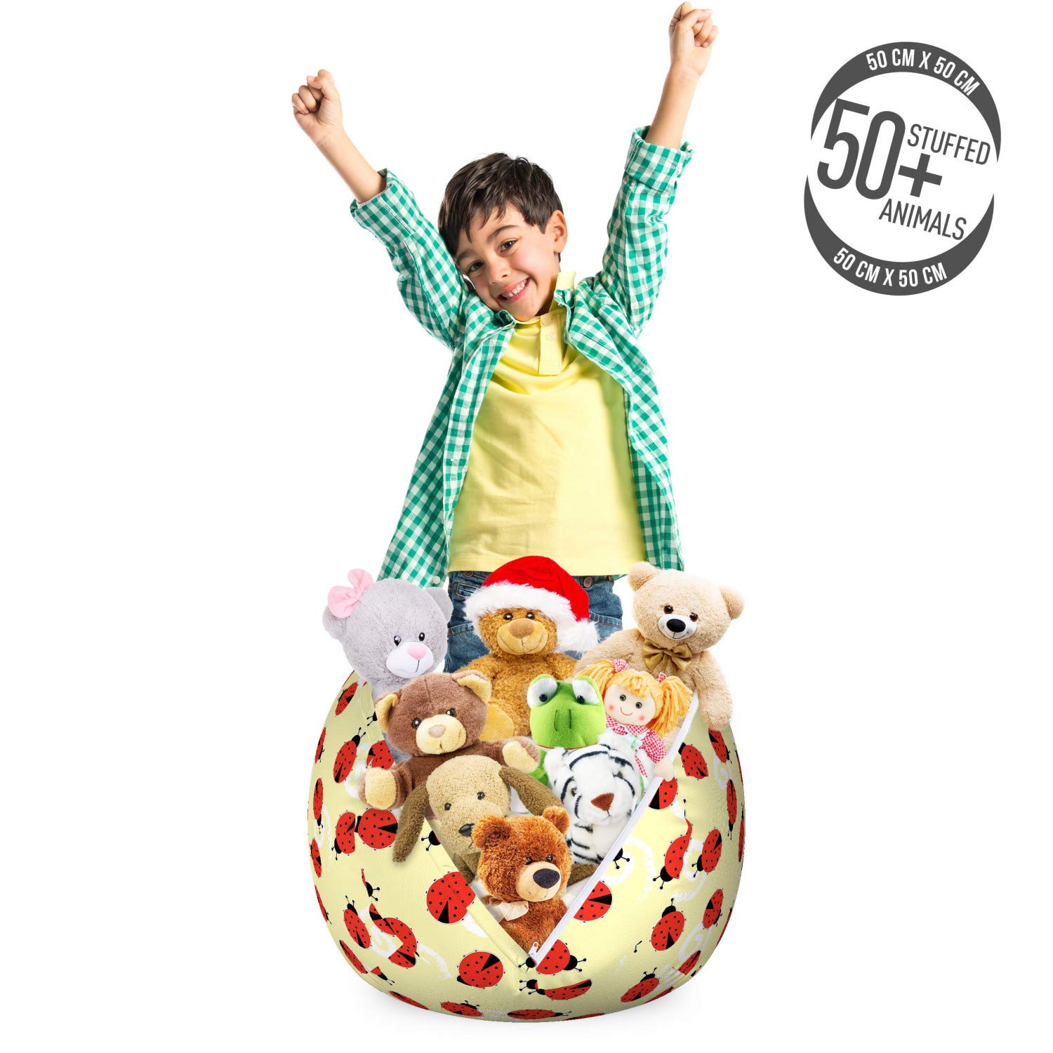 Ambesonne Ladybug Toy Storage Bag Chair - Washable Stuffed Animal Organizer with Childish Ladybug Pattern & Swirl Design - Small Size Pale Yellow Vermilion - Perfect for Kids' Room Organization & Playroom Decor
