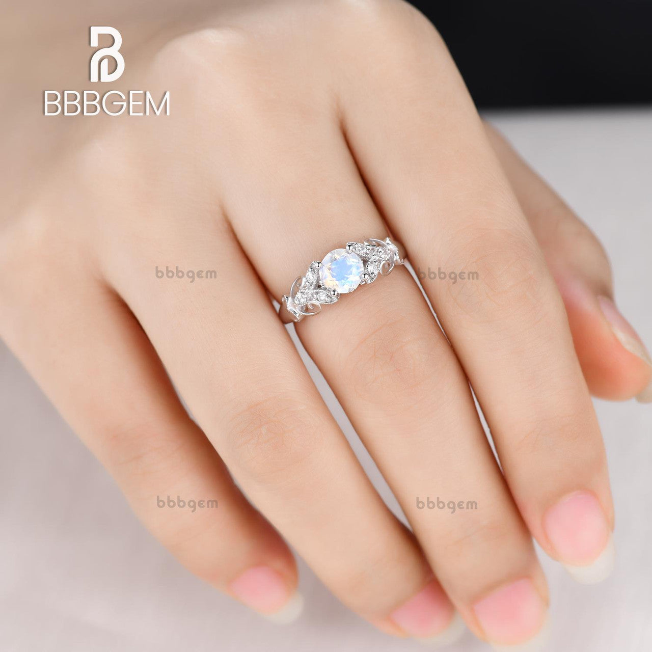 Moonstone Engagement Ring for Women - 14K White Gold Floral Eternity Band with Diamonds | Wedding, Anniversary, Promise Ring Gift Idea | Perfect for Proposals, Bridal Jewelry & Special Occasions