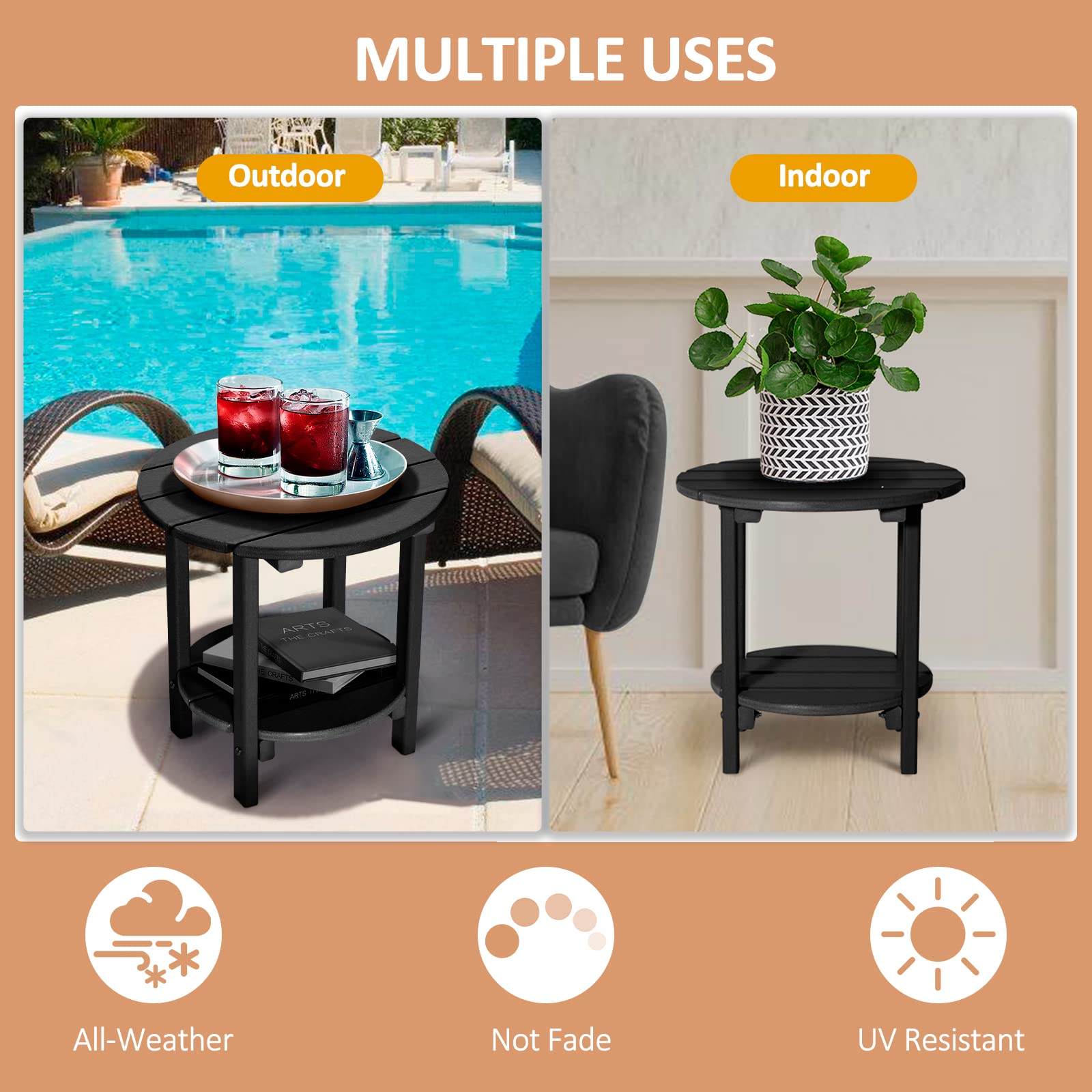 2-Tier Round Outdoor Side Table - Durable HDPE Adirondack Patio Table, Weather Resistant Small End Table for Deck, Garden, Poolside (Black) - Perfect for Outdoor Dining, Lounging & Entertaining