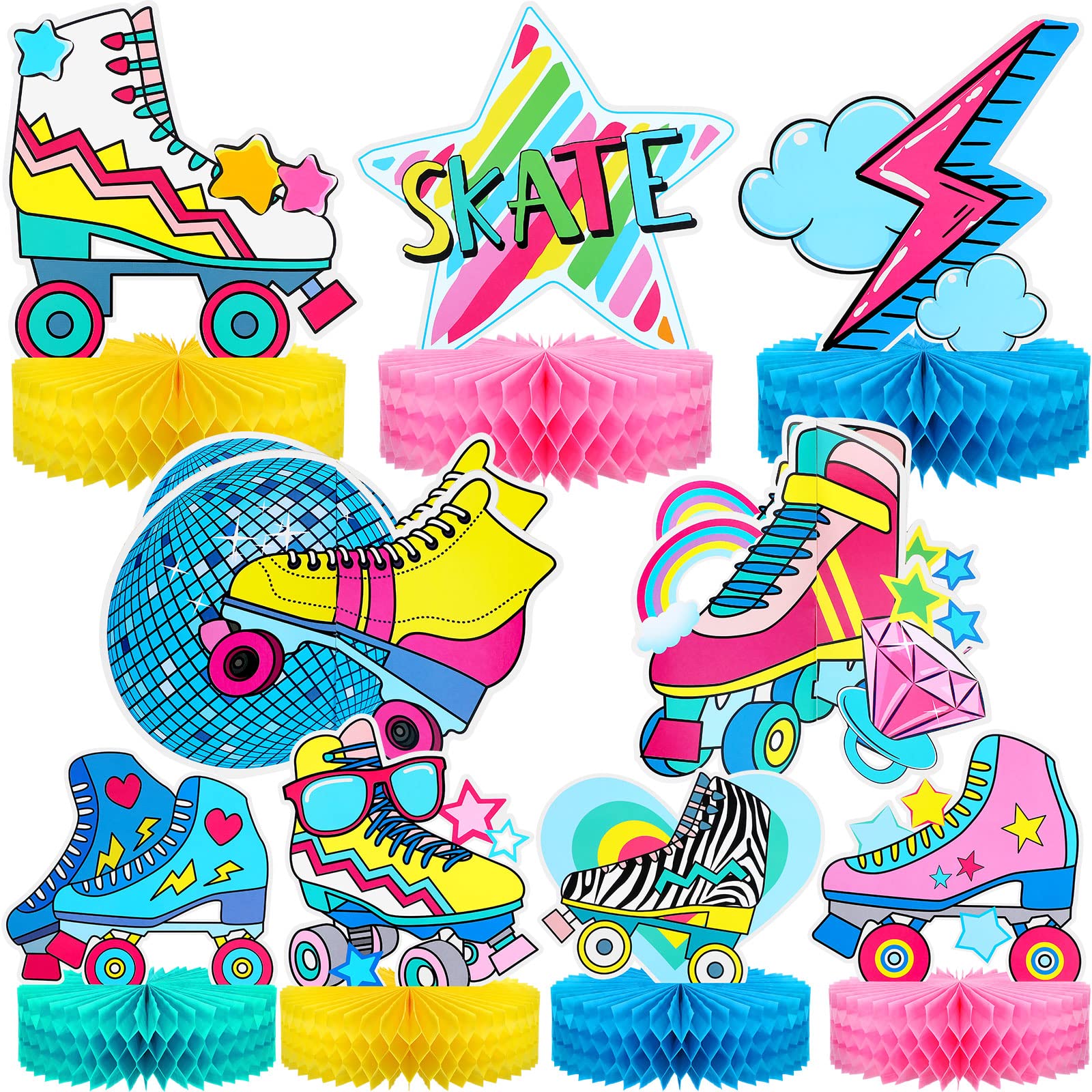 9 Pcs Retro Roller Skate Party Decorations - 3D Honeycomb Skateboard Centerpieces for 80s 90s Themed Parties, Birthdays & Roller Rink Events - Perfect Table Decor & Skating Party Supplies