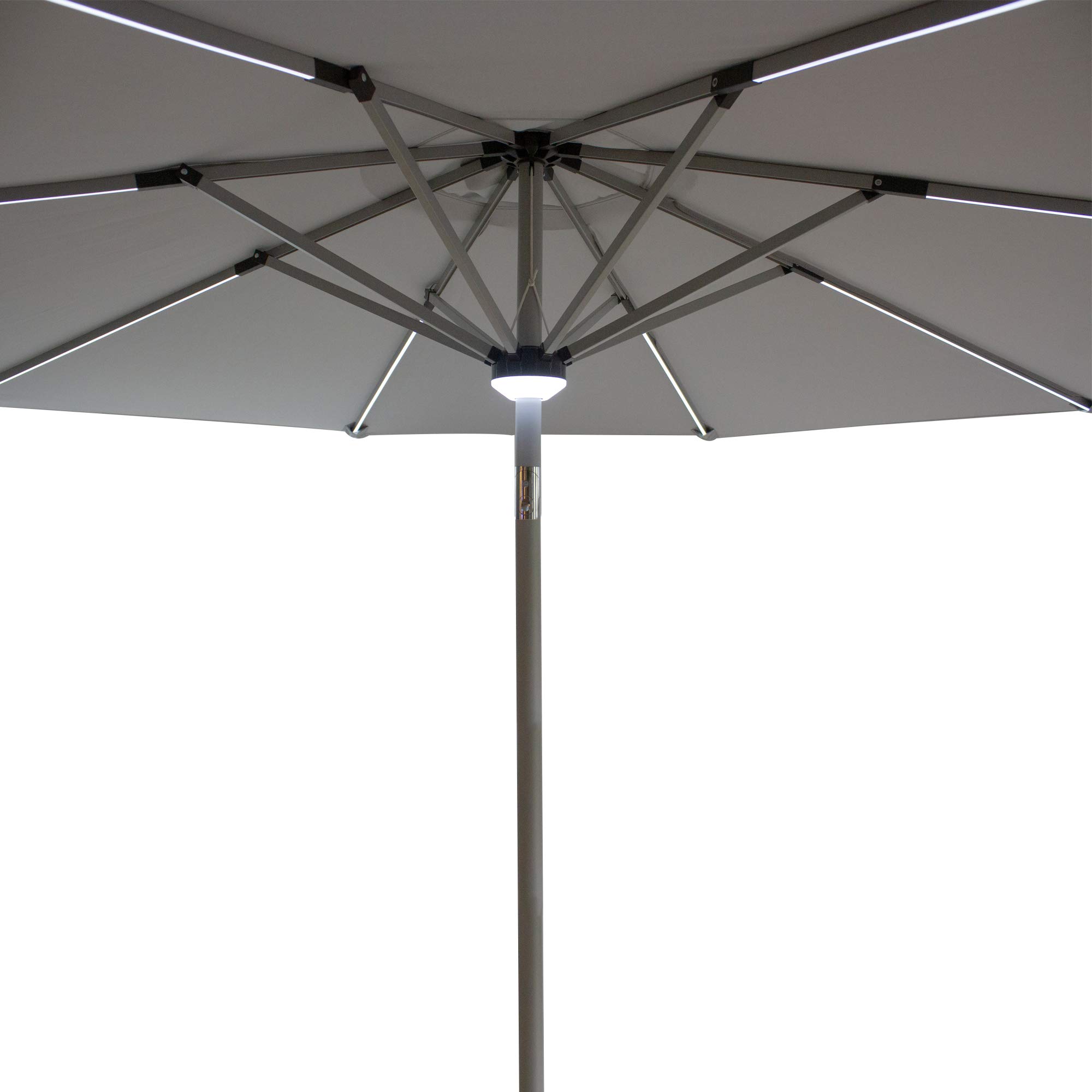 9ft Solar Powered Outdoor Patio Umbrella with Hand Crank & Tilt - Gray Waterproof Market Umbrella for Backyard, Poolside, and Restaurant Use