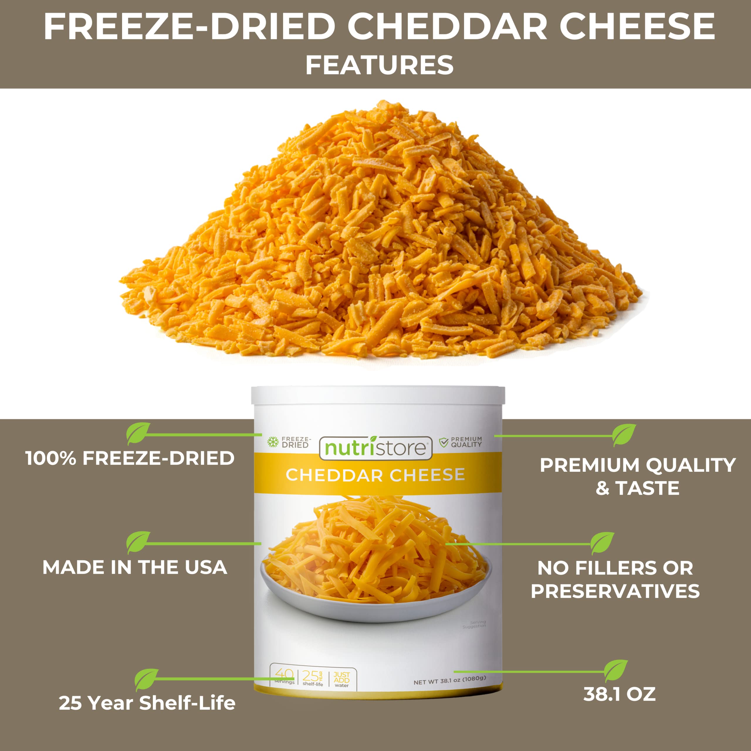 Nutristore Freeze-Dried Cheddar Cheese Shreds - Premium Quality, Long Shelf Life (25 Years) | Great for Snacks, Camping, Hiking & Emergency Food Storage | Perfect for Cheese Lovers, Outdoor Adventures & Survival Kits