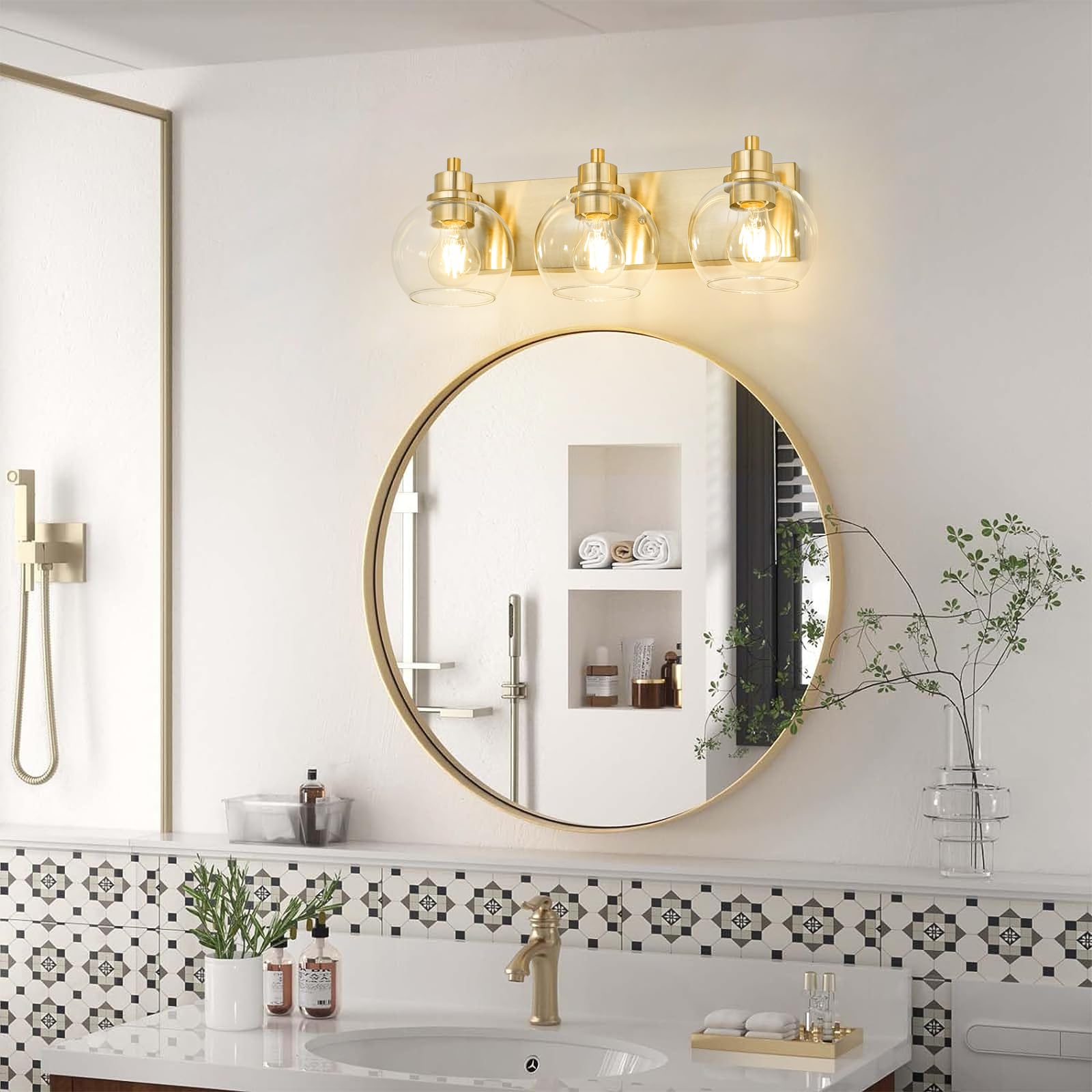 Tuscarora Gold Bathroom Vanity Light - 3-Light Brushed Gold Fixture with Clear Glass Shade for Mirror Lighting | Elegant Bathroom Lighting for Vanity, Dressing Room & Powder Room
