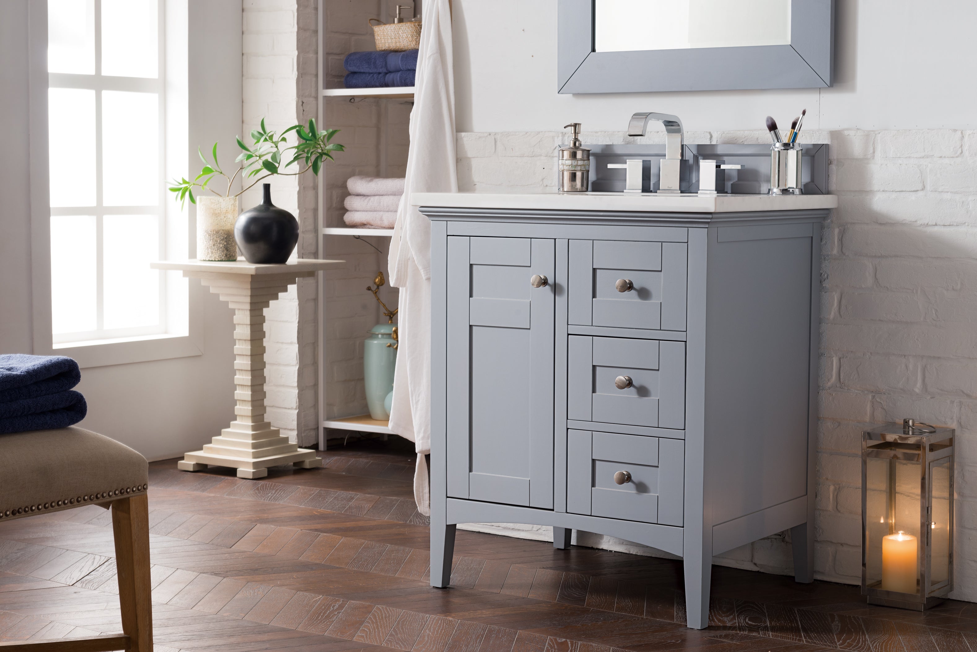 Palisades 30 Inch Single Bathroom Vanity with 3CM Arctic Fall Solid Surface Top in Silver Gray - Perfect for Modern Bathroom Remodeling and Small Space Design