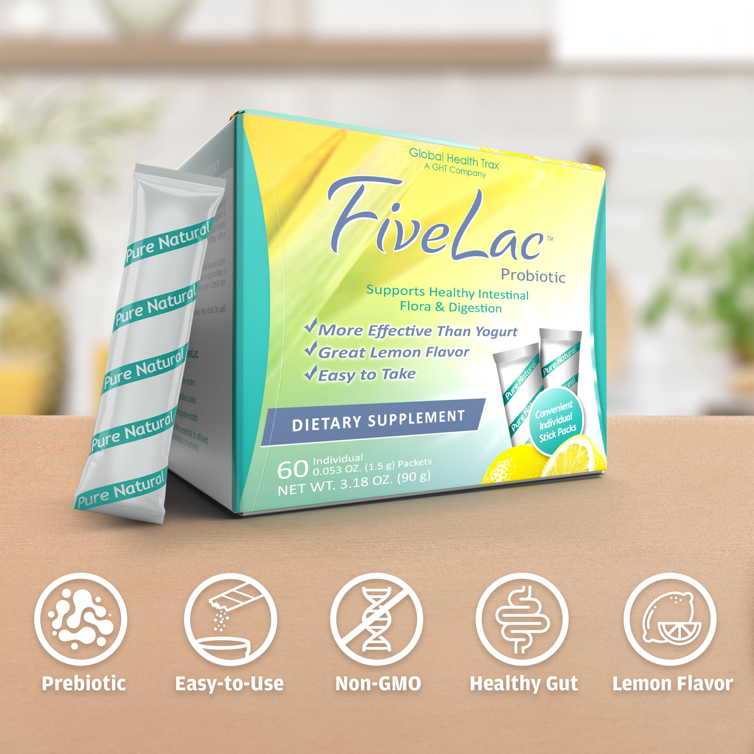 GHT - FiveLac Lemon Probiotic Powder Drink Mix for Digestive Health - Supports Gut Flora for Women, Men & Kids - Relieves Constipation, Gas & Bloating - Non-GMO, 60 Packets (2 Pack) - Perfect for Daily Wellness & Travel