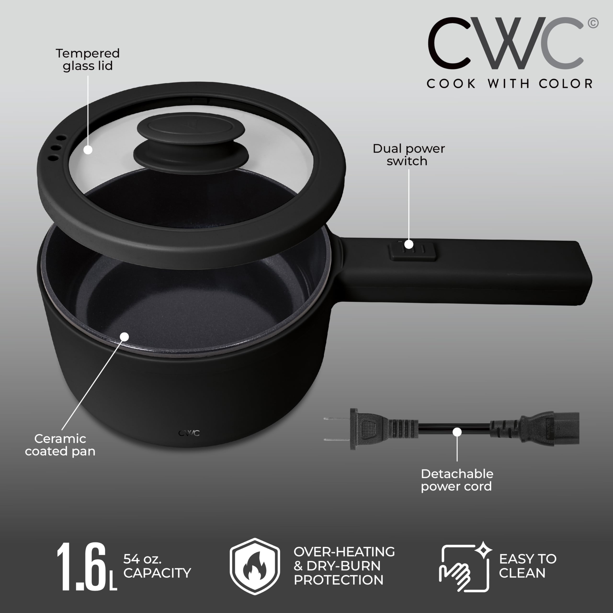 COOK WITH COLOR Electric Hot Pot - 1.6L Mini Cooker with 700W Power & Non-Stick Surface | Thermal Cut-Out Protection | Perfect for Rice, Noodles, Soups & Stews | Ideal for Dorms, Apartments & Small Kitchens | Great for Quick Meals, Late Night Snacks & Office Lunches | Black