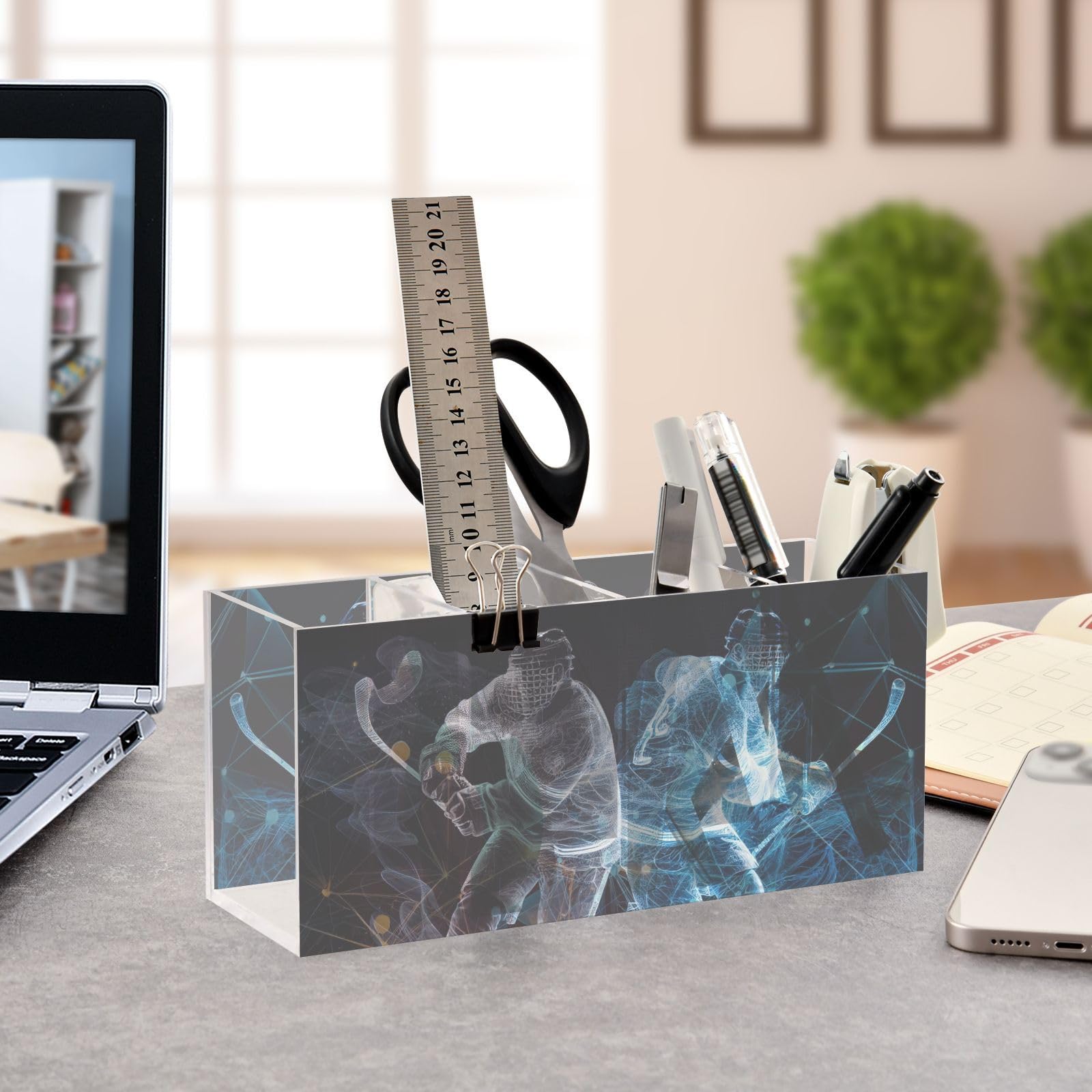 Abstract Hockey Player Acrylic Pen Holder - 4 Compartment Desk Organizer for Pencils, Brushes & Utensils - Personalized Pattern Office & Home Decor for Sports Fans