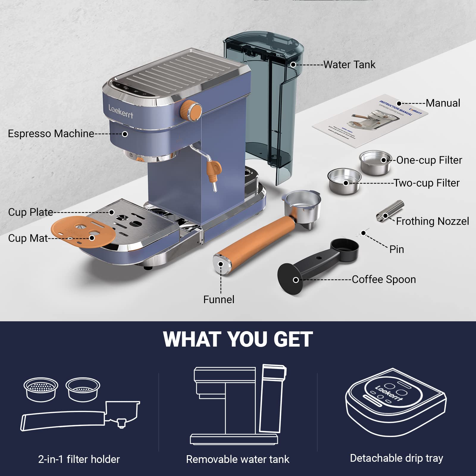Laekerrt 20 Bar Espresso Coffee Machine with Milk Frother - Compact Stainless Steel Home Coffee Maker for Latte, Cappuccino & Espresso - Perfect for Small Kitchens & Office Use (Blue)