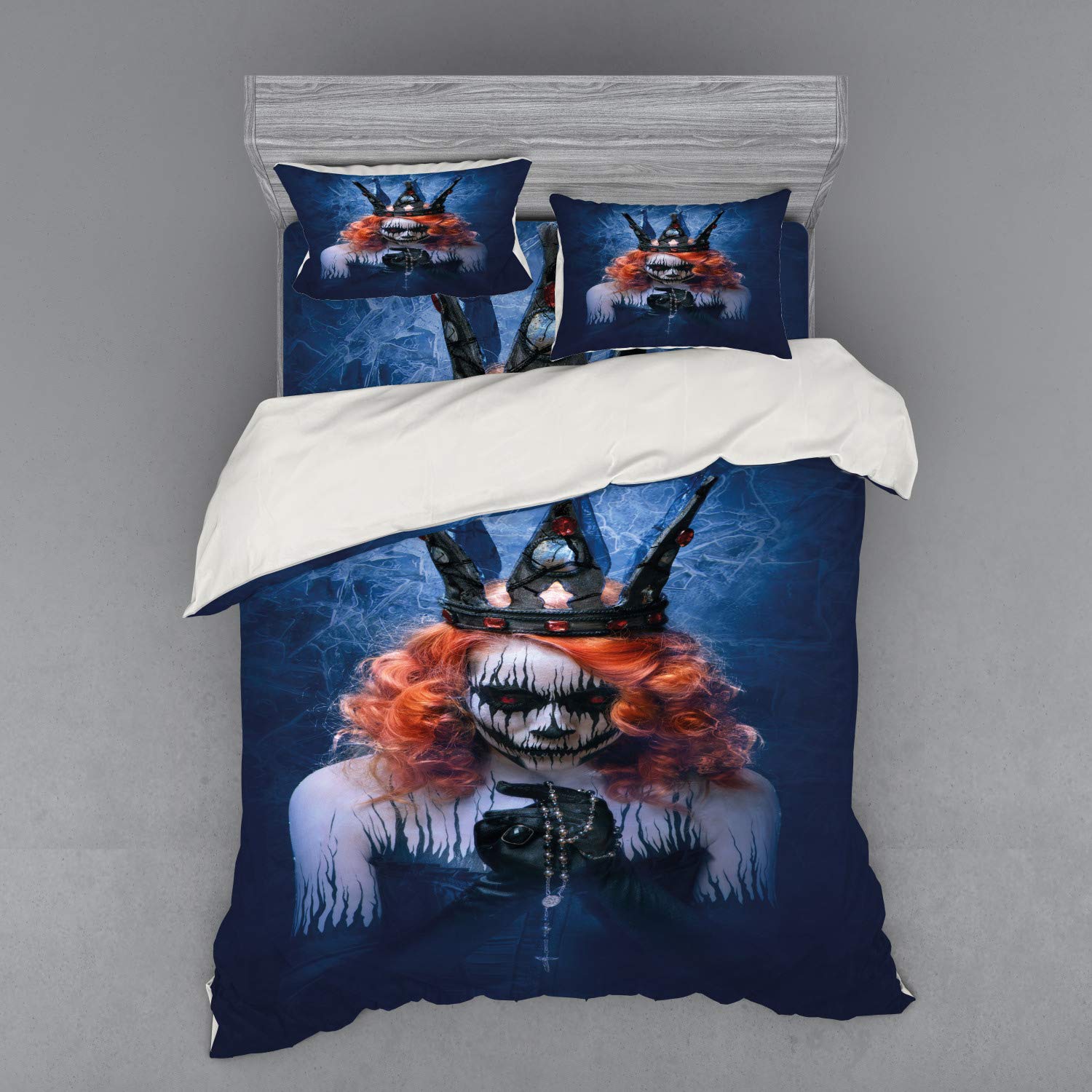 Ambesonne Queen Duvet Cover Set - Gothic Halloween Bedding with Scary Zombie Face Design, 4-Piece Set Includes Shams & Fitted Sheet, Navy Blue Orange Black - Perfect for Spooky Bedroom Decor, Halloween Parties & Horror Theme Rooms