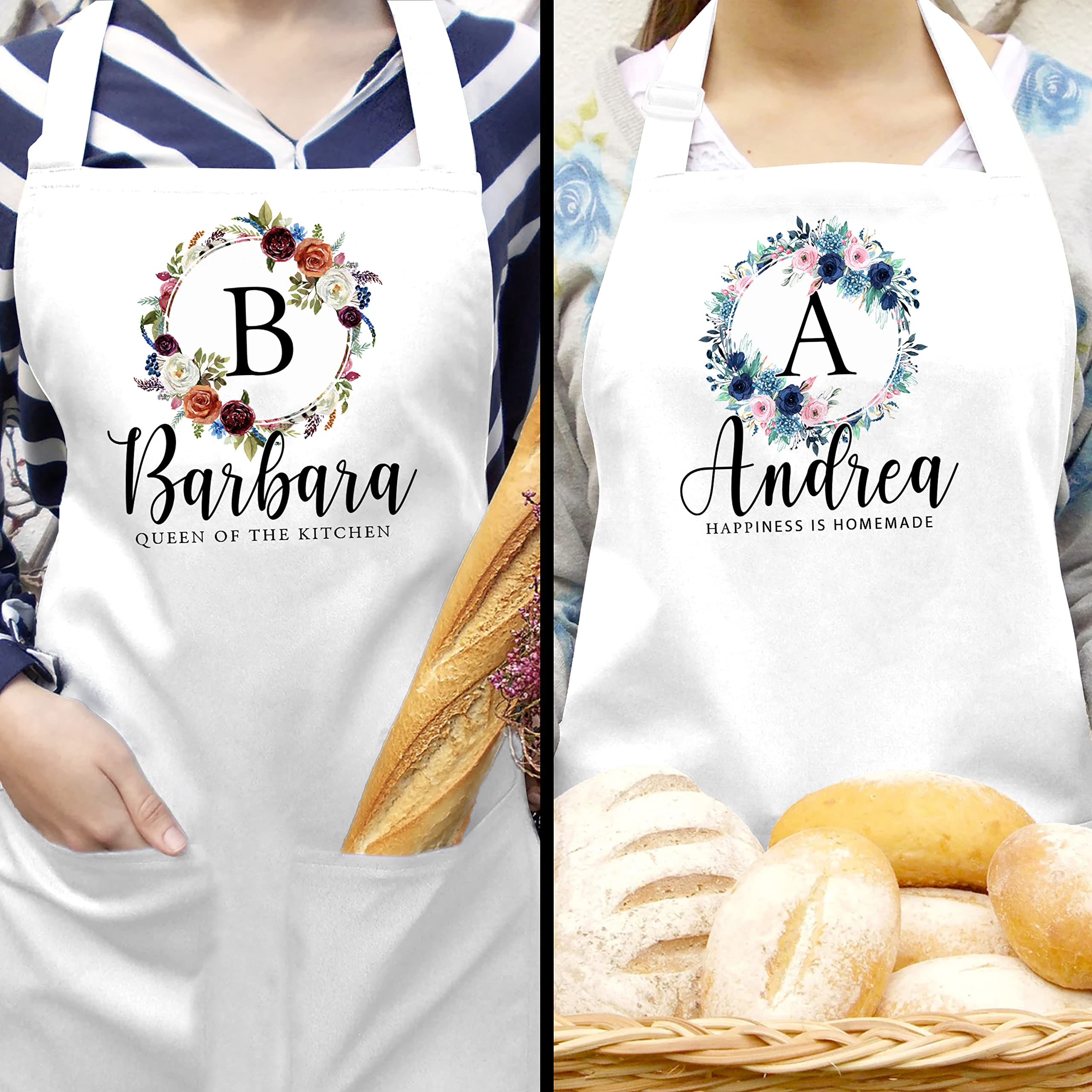 Personalized Floral Initial Kitchen Apron with Pockets - Custom Chef Cooking Apron for Women, Baking, BBQ, Grilling - Funny & Unique Gift Idea for Mom, Wife, Bakers - Perfect for Home Cooking, Outdoor BBQ, and Kitchen Decor